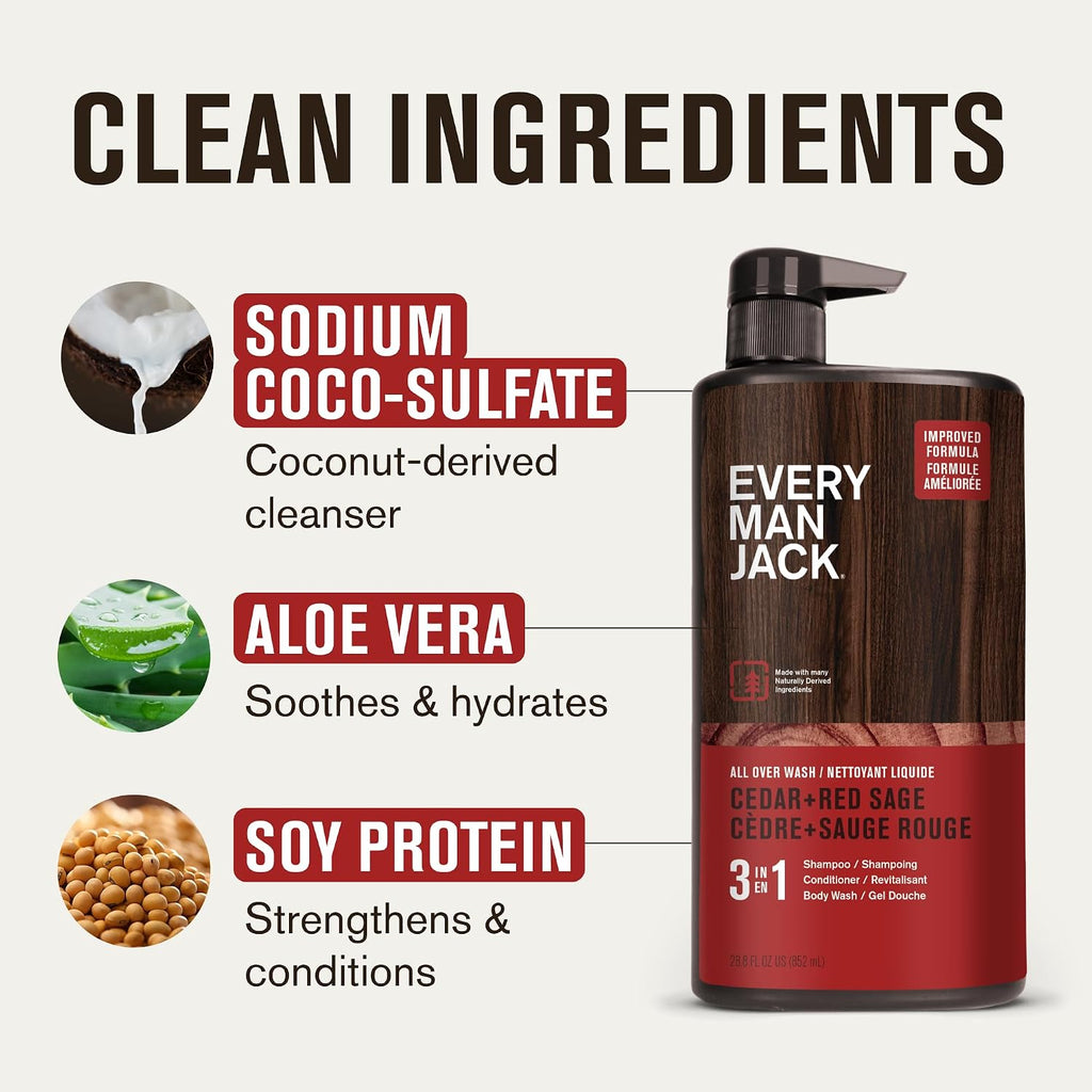 Every Man Jack 3-in-1 All Over Body Wash for Men, Cedar Red Sage, 2pk