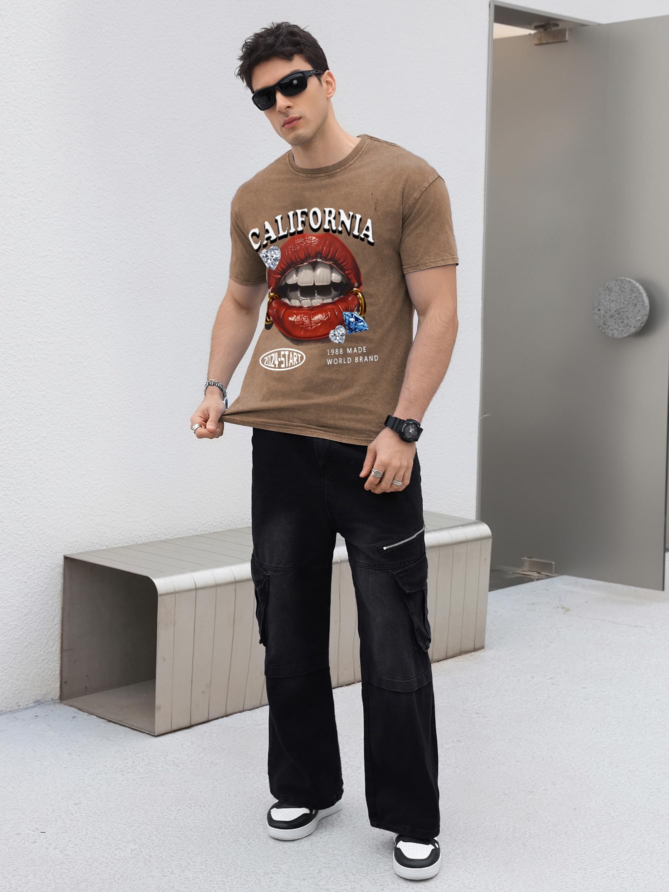 WDIRARA Men's Lip Graphic Tee Shirt Vintage Hip Hop Y2k Streetwear Top