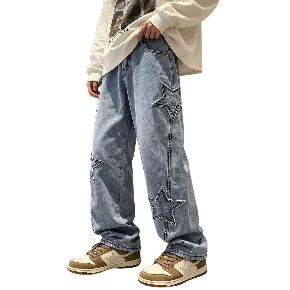 HBER Mens Y2k Star Jeans High Waisted Hip Hop Streetwear Jeans