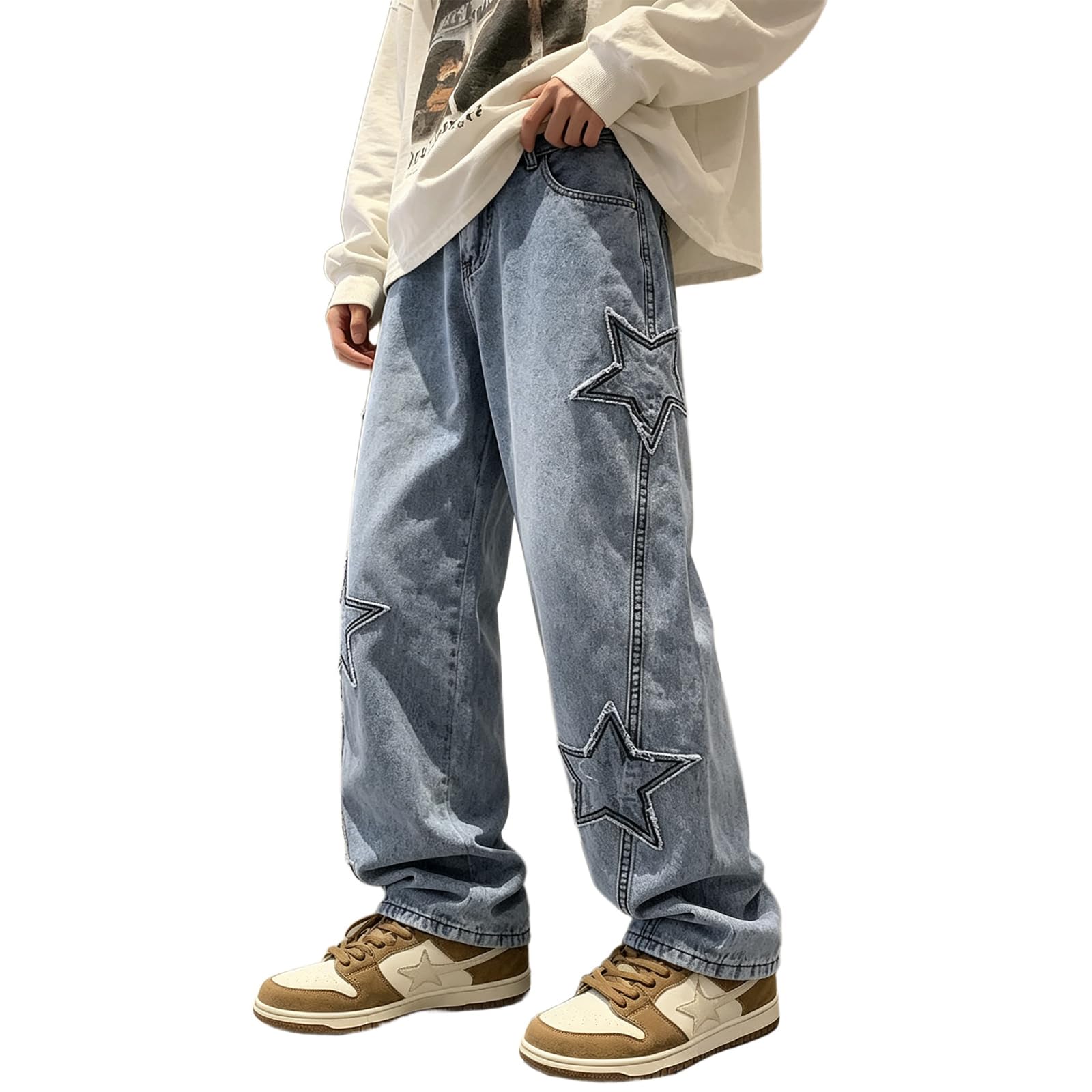 HBER Mens Y2k Star Jeans High Waisted Hip Hop Streetwear Jeans