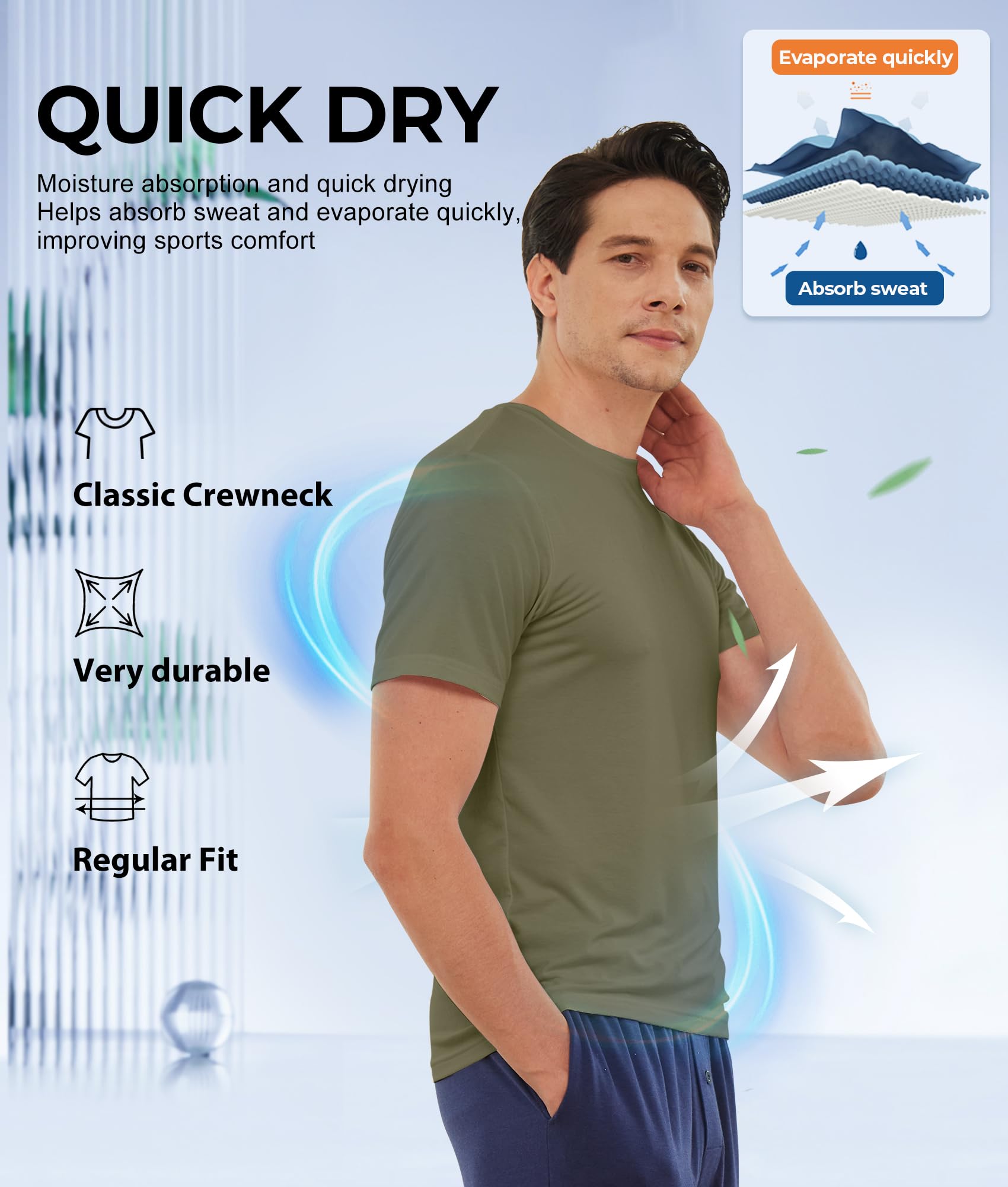BAMBOO COOL Men's Undershirts Moisture Wicking Crewneck T Shirts 6 Pack