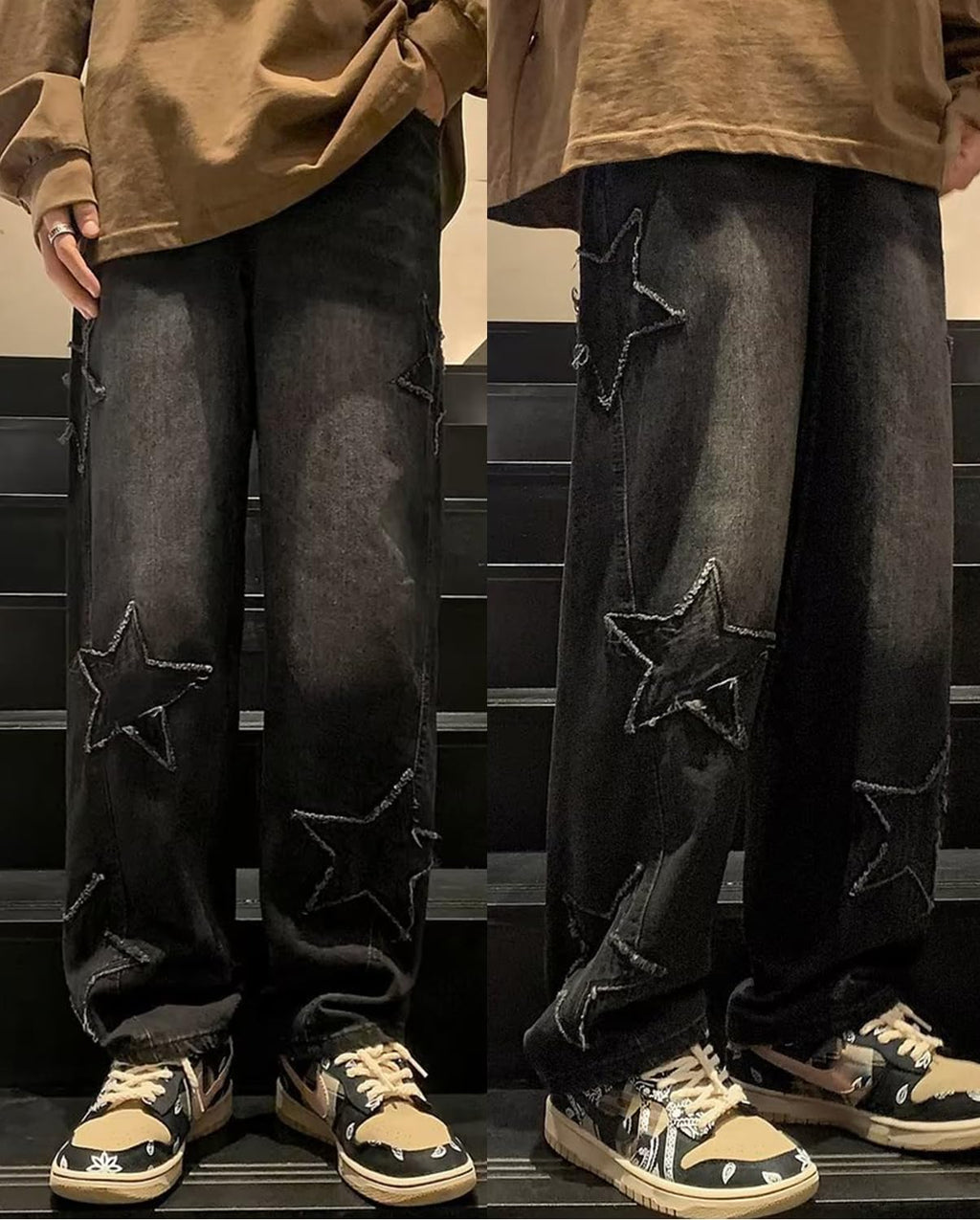 HBER Mens Y2k Star Jeans High Waisted Hip Hop Streetwear Jeans