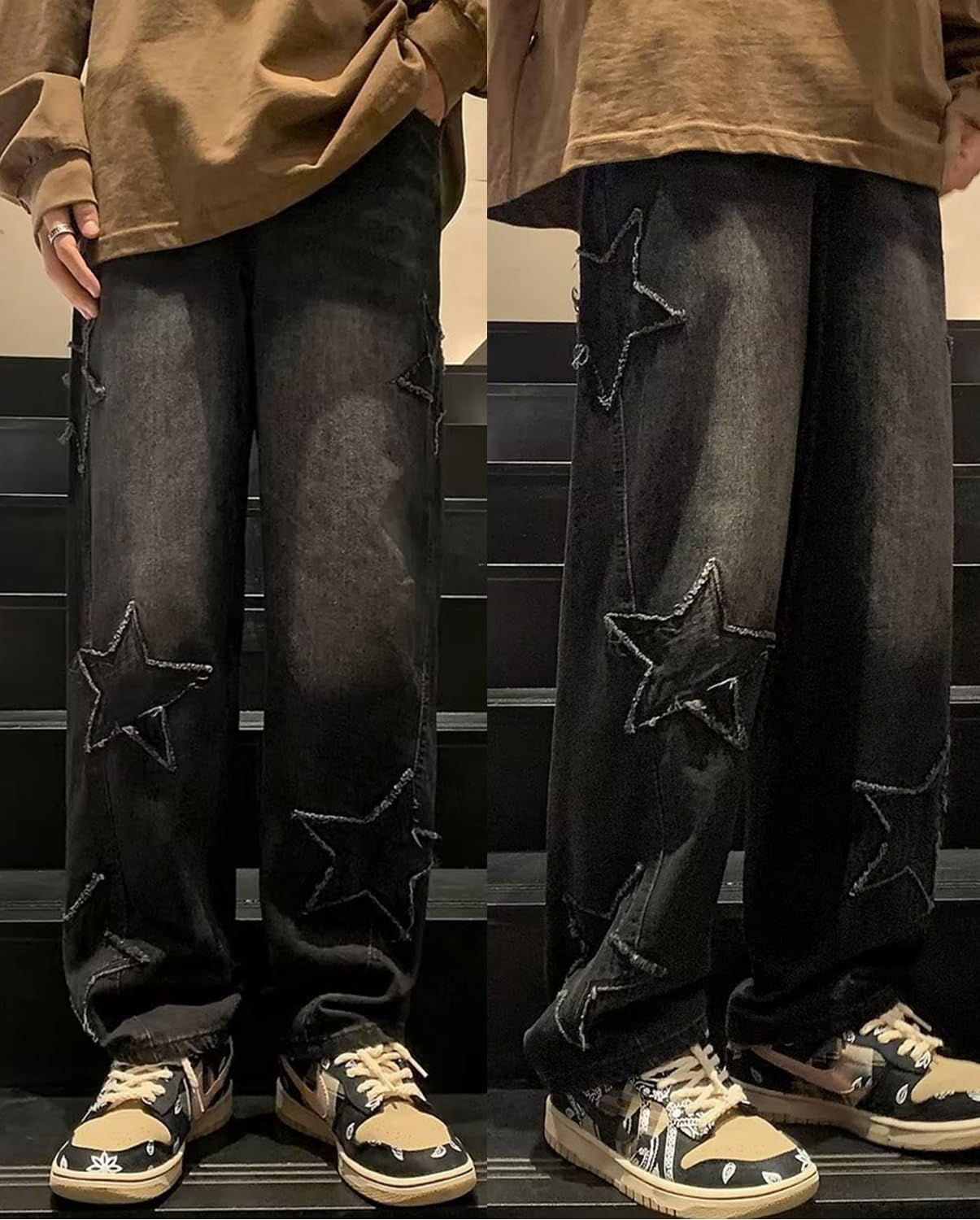 HBER Mens Y2k Star Jeans High Waisted Hip Hop Streetwear Jeans