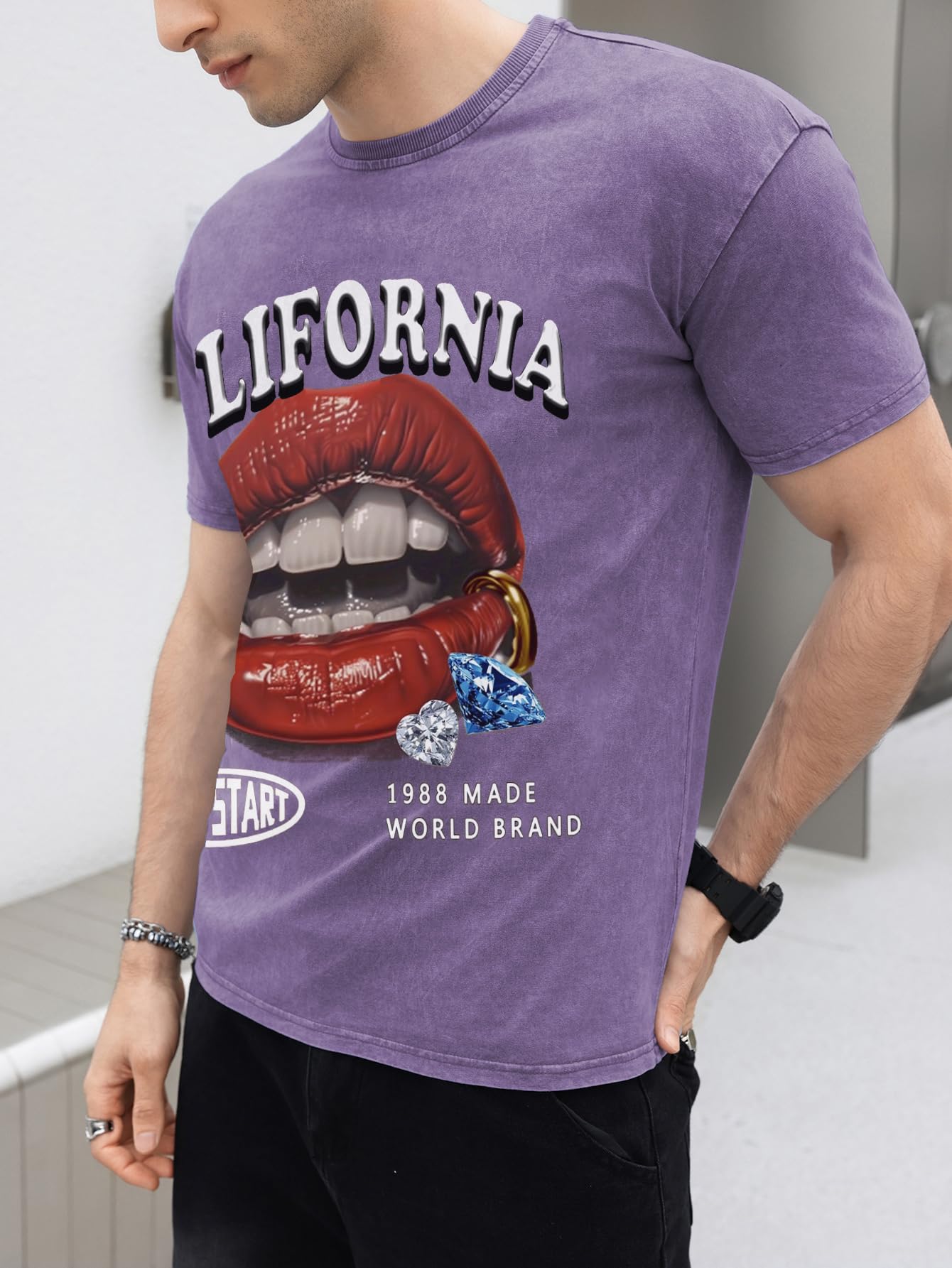 WDIRARA Men's Lip Graphic Tee Shirt Vintage Hip Hop Y2k Streetwear Top