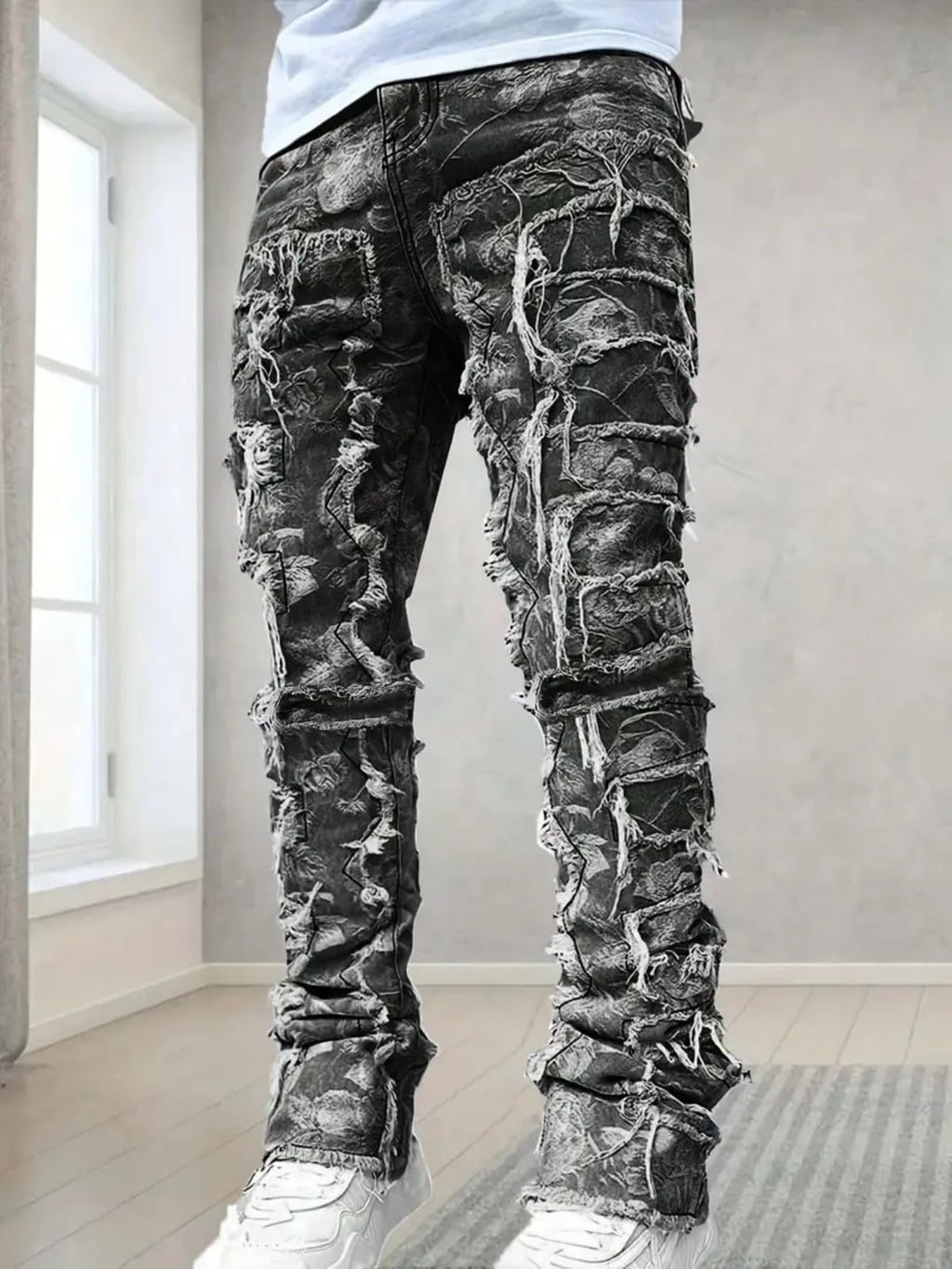 YEOU Men's Stacked Skinny Jeans - Y2K Harajuku Style Ripped Denim Pants with High Waist