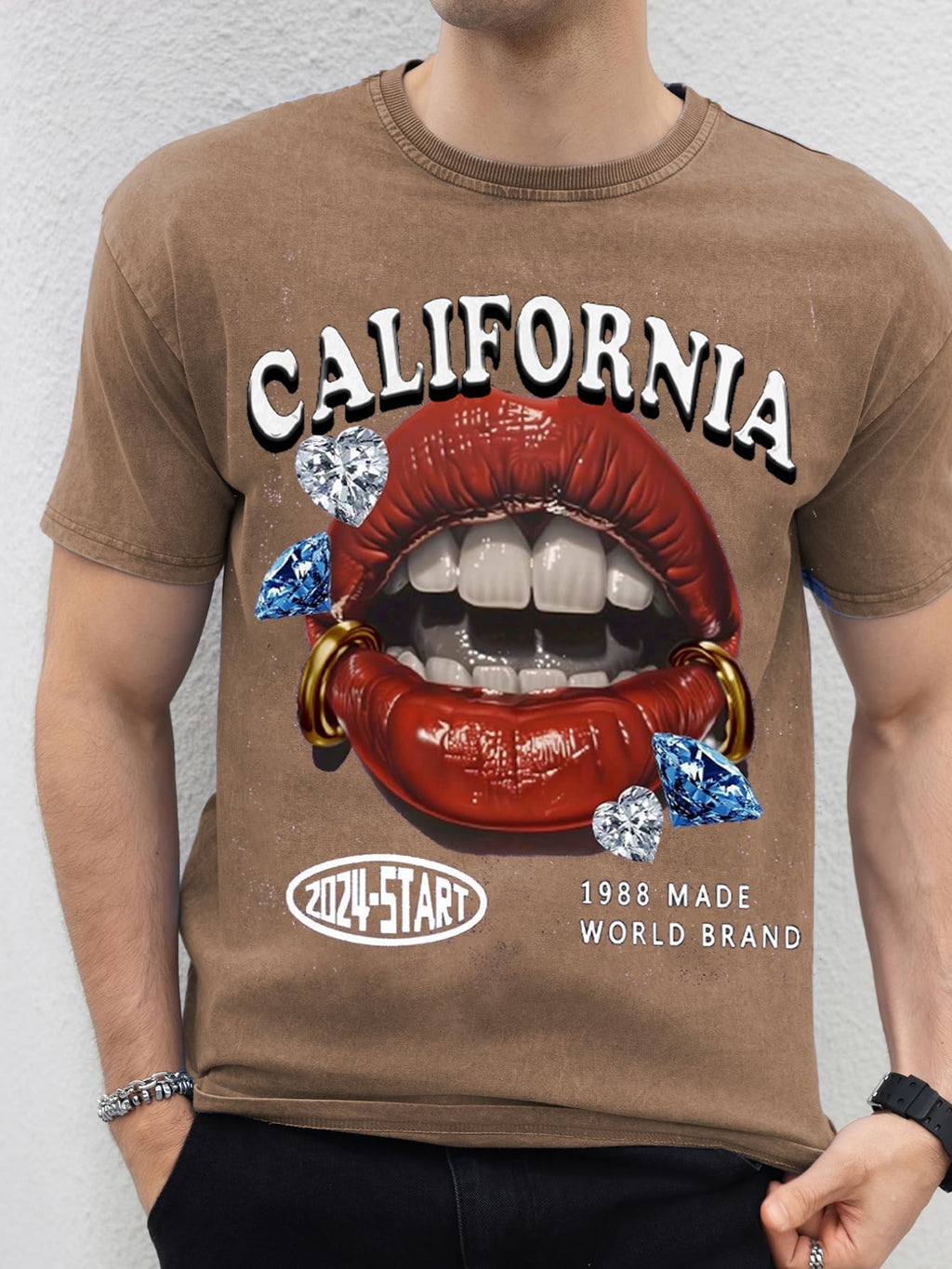 WDIRARA Men's Lip Graphic Tee Shirt Vintage Hip Hop Y2k Streetwear Top