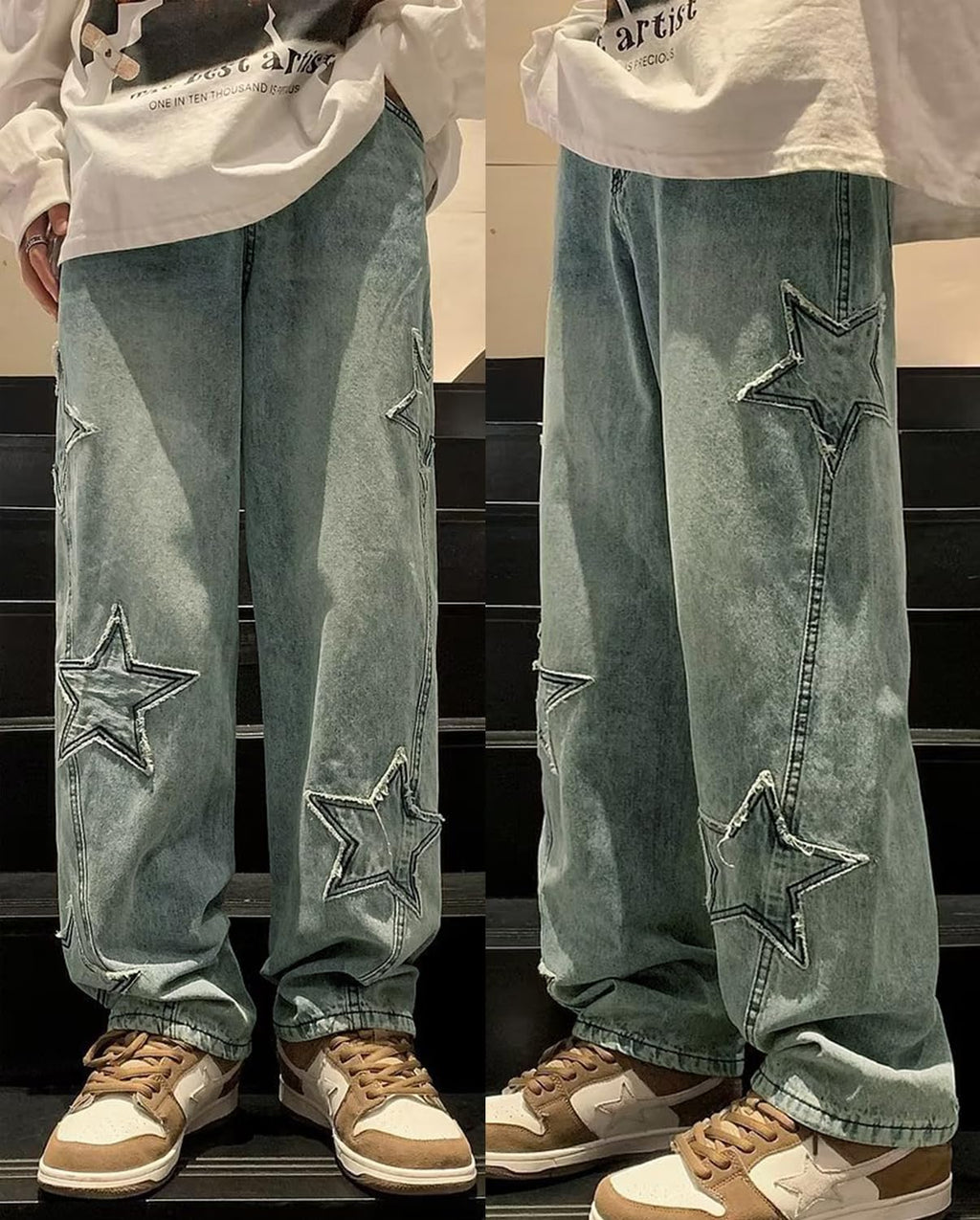 HBER Mens Y2k Star Jeans High Waisted Hip Hop Streetwear Jeans