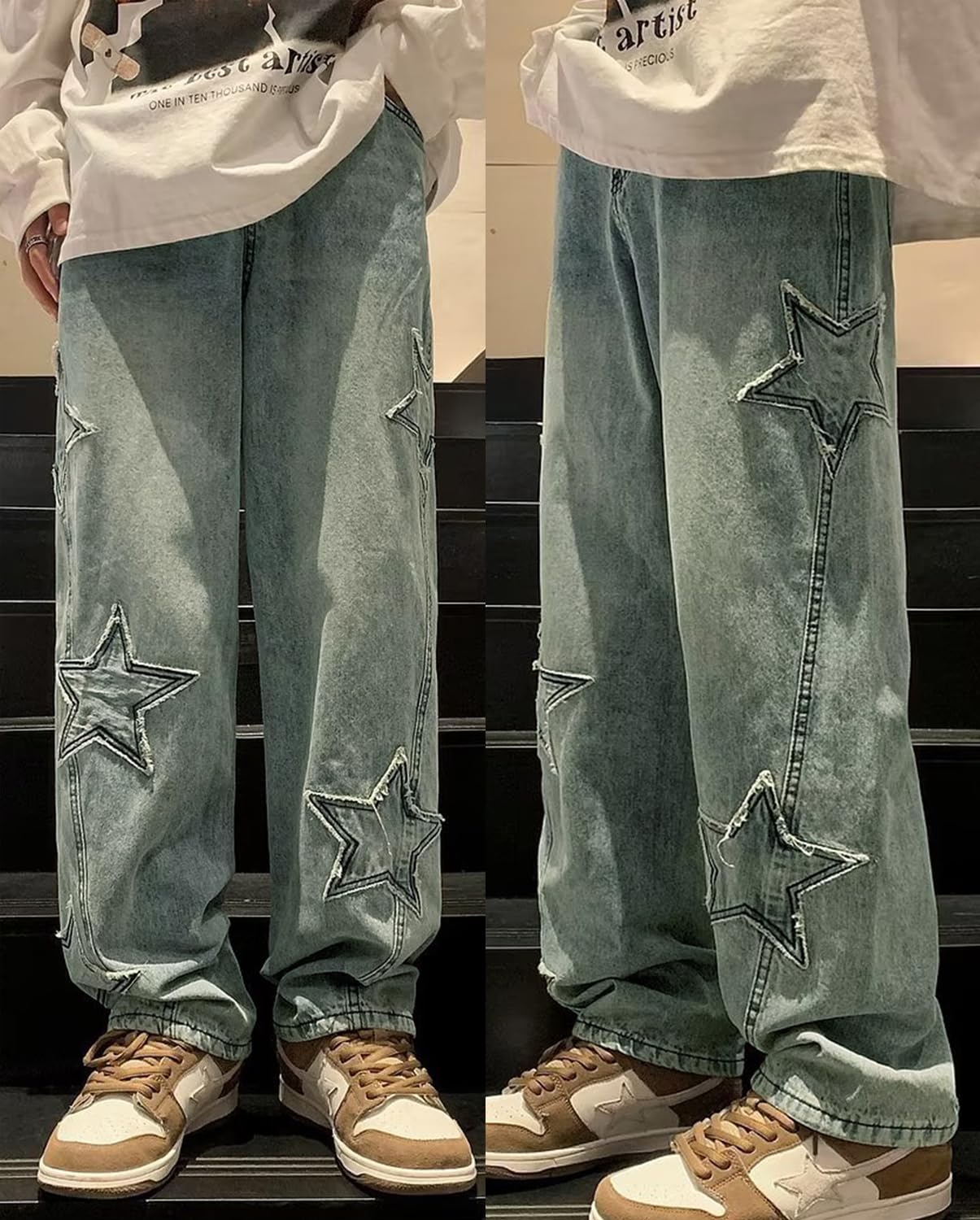 HBER Mens Y2k Star Jeans High Waisted Hip Hop Streetwear Jeans