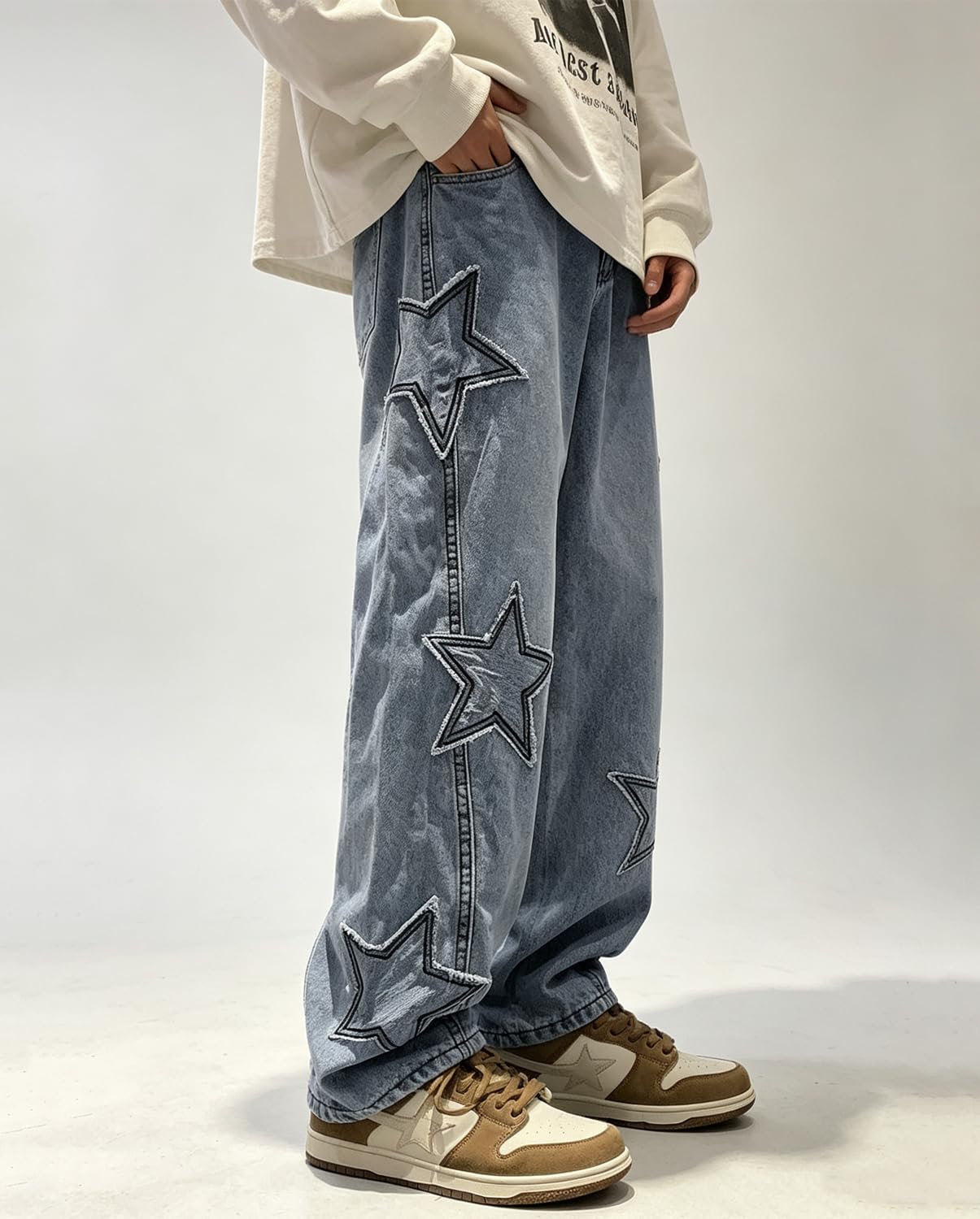 HBER Mens Y2k Star Jeans High Waisted Hip Hop Streetwear Jeans