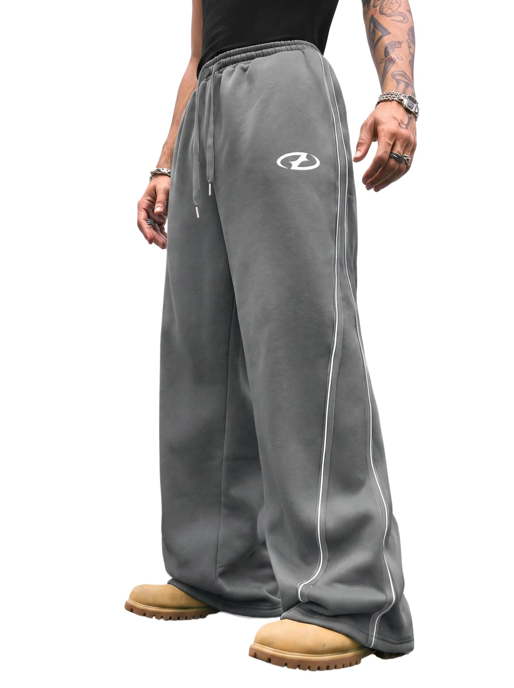 QJQ Men's Baggy Track Pants Casual Wide Leg Striped Side Sweatpants Drawstring Elastic Waist Y2k Streetwear