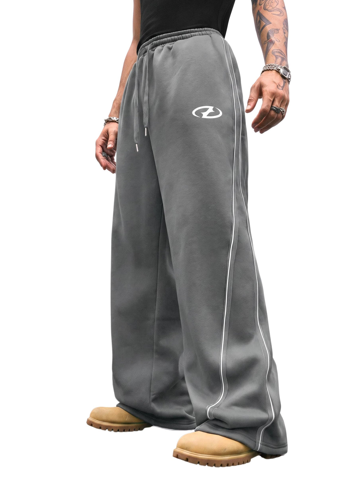 QJQ Men's Baggy Track Pants Casual Wide Leg Striped Side Sweatpants Drawstring Elastic Waist Y2k Streetwear