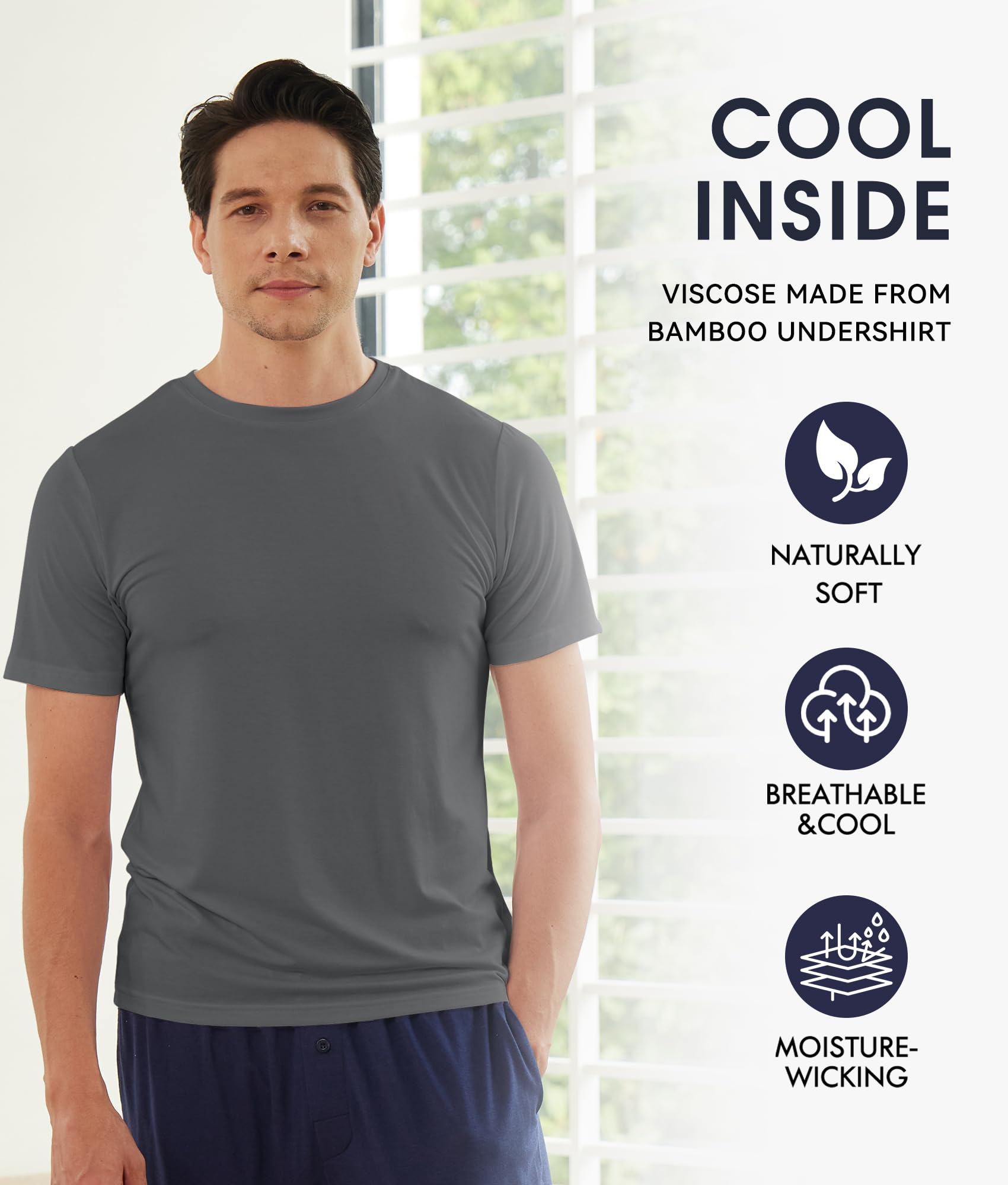 BAMBOO COOL Men's Undershirts Moisture Wicking Crewneck T Shirts 6 Pack