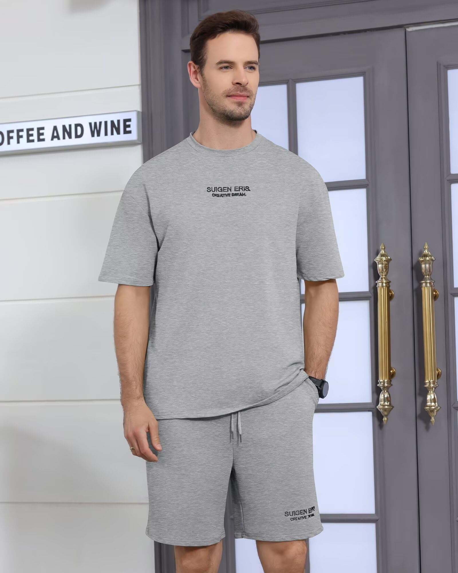Men's 2 Piece Outfits Letter Drop Shoulder Tee Shirt Shorts Set