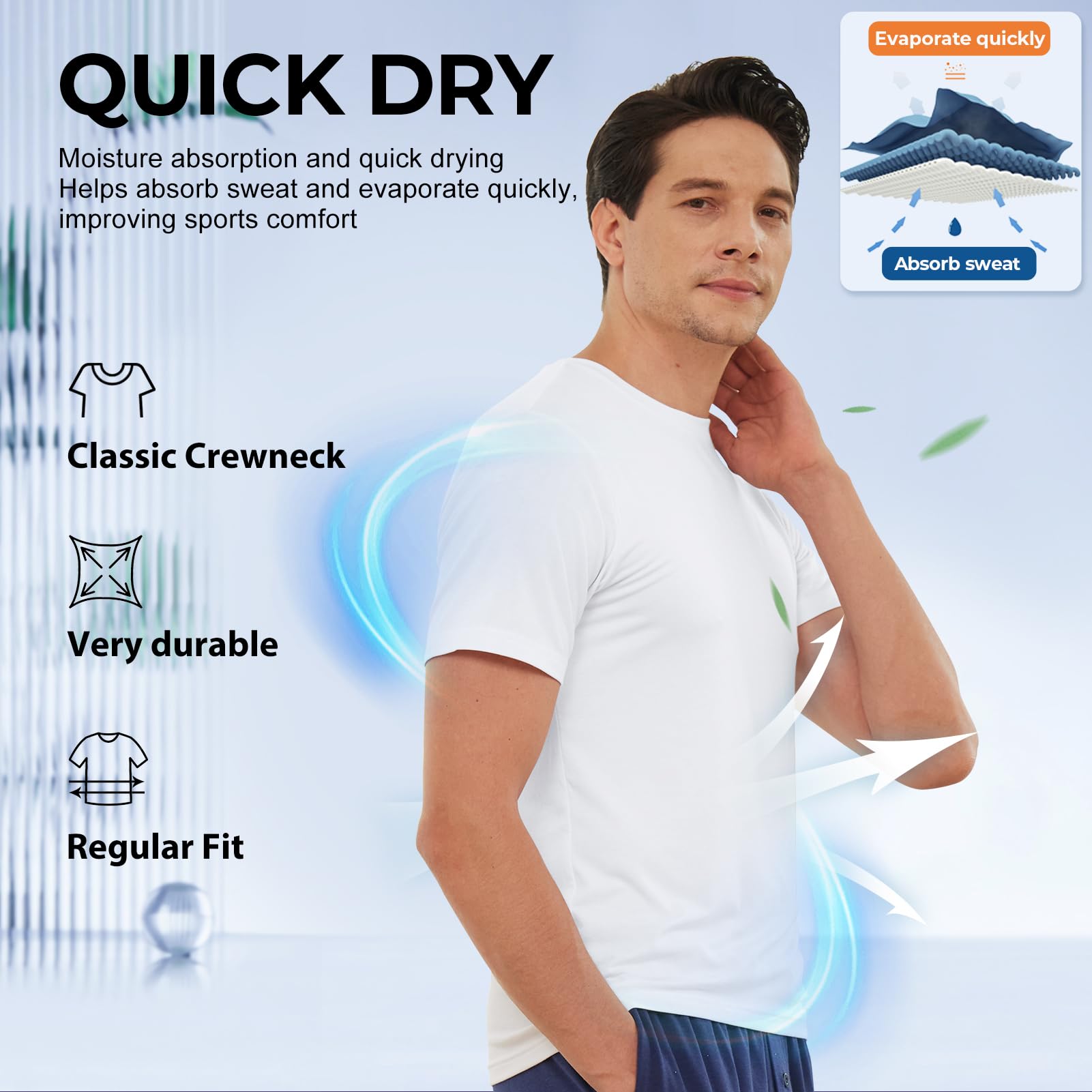 BAMBOO COOL Men's Undershirts Moisture Wicking Crewneck T Shirts 6 Pack