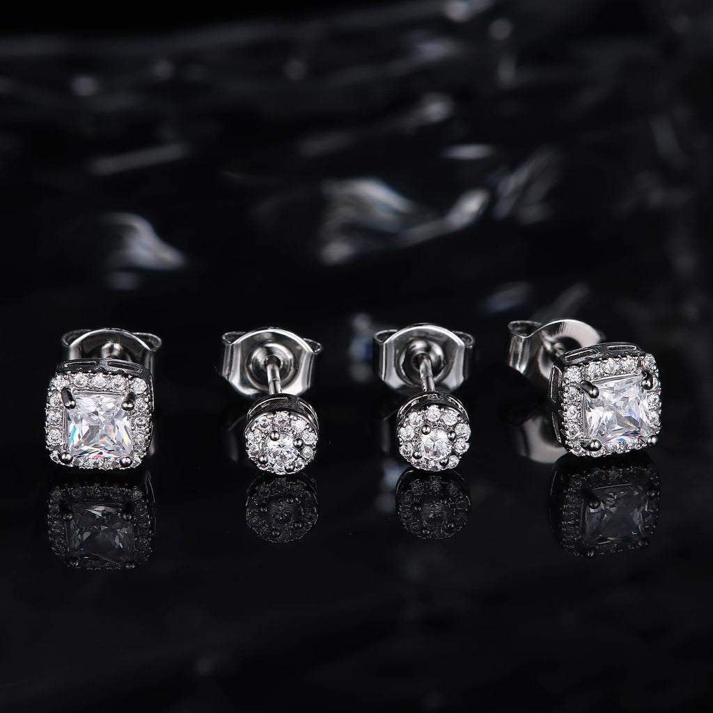 18K Gold Plated Halo Stud Earrings 925 Sterling Silver Cubic Zirconia Stud Earrings Round Square Diamonique Stud Earrings Set for Women Men