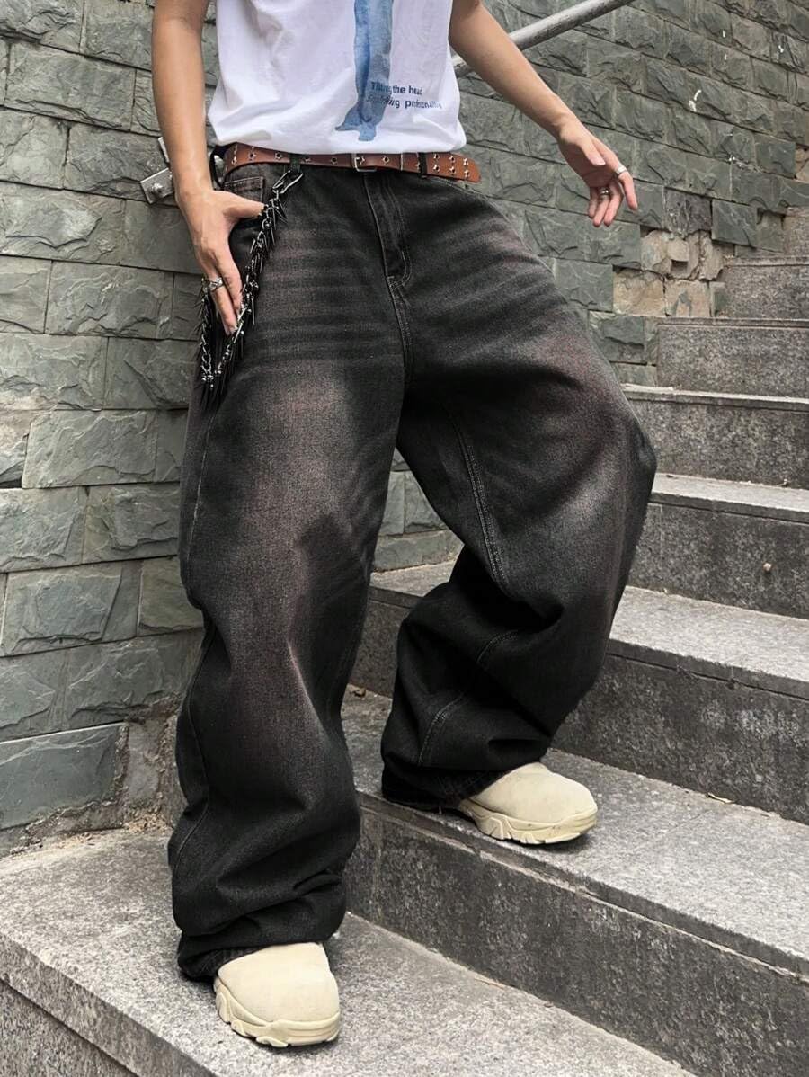 HUNGSON Mens Baggy Jeans for Men Women Y2k Skater Vintage Plain Pants Casual Wide Leg Jeans Loose Fit Denim Jeans