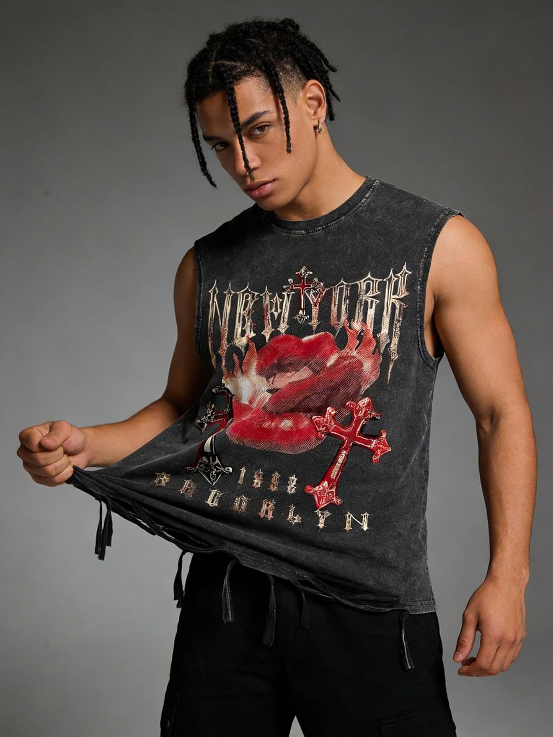 Verdusa Men's Graphic Tees Y2k Grunge Distressed Tee Summer Shirt Sreetwear