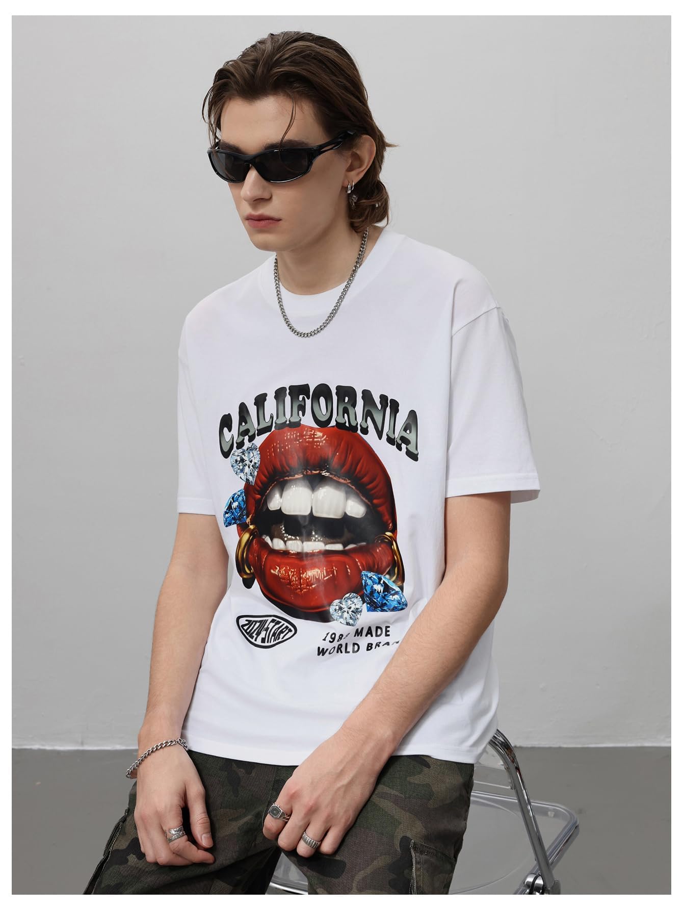 WDIRARA Men's Lip Graphic Tee Shirt Vintage Hip Hop Y2k Streetwear Top