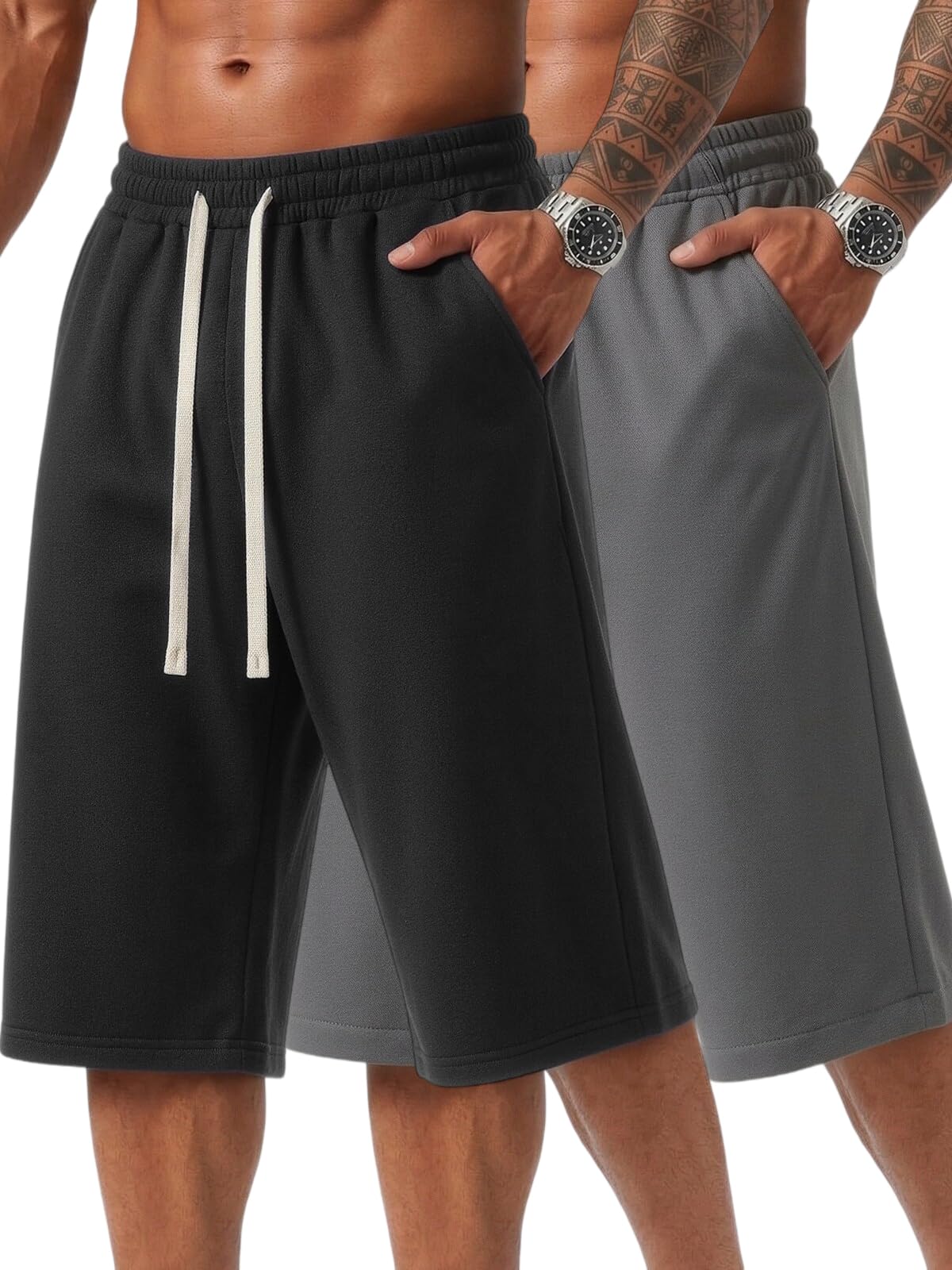 ZUY Men's Baggy Sweat Shorts Cotton Long Below Knee Fleece Capri Shorts 11" Athletic Casual 3/4 Pants with Pockets