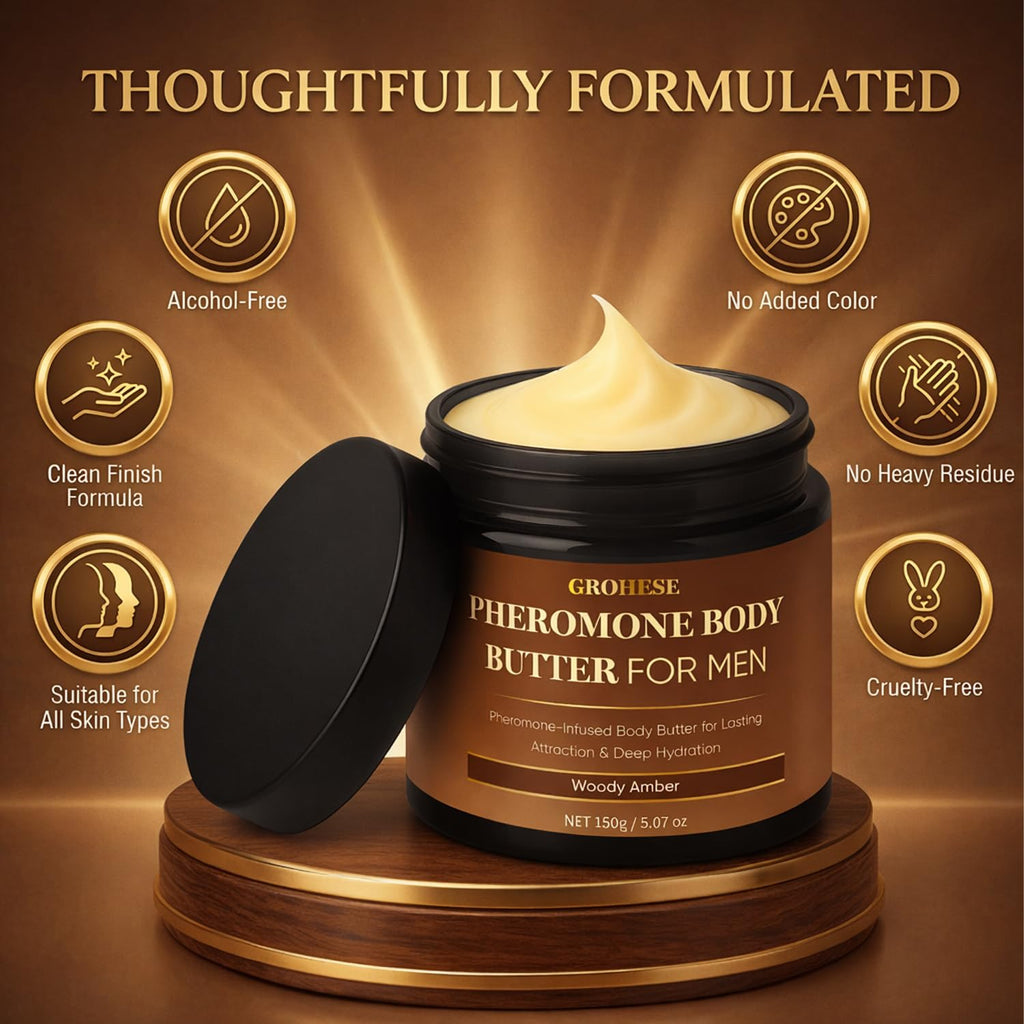 Pheromone Body Butter Men, Mens Skin Cream, Cologne-Inspired Fragrance Moisturizer with Shea Butter, Cocoa Butter & Coconut Oil, Non-Greasy Hydrating Body Cream - Woody Amber