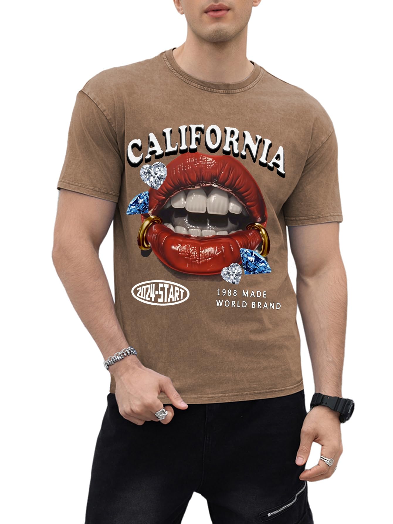 WDIRARA Men's Lip Graphic Tee Shirt Vintage Hip Hop Y2k Streetwear Top