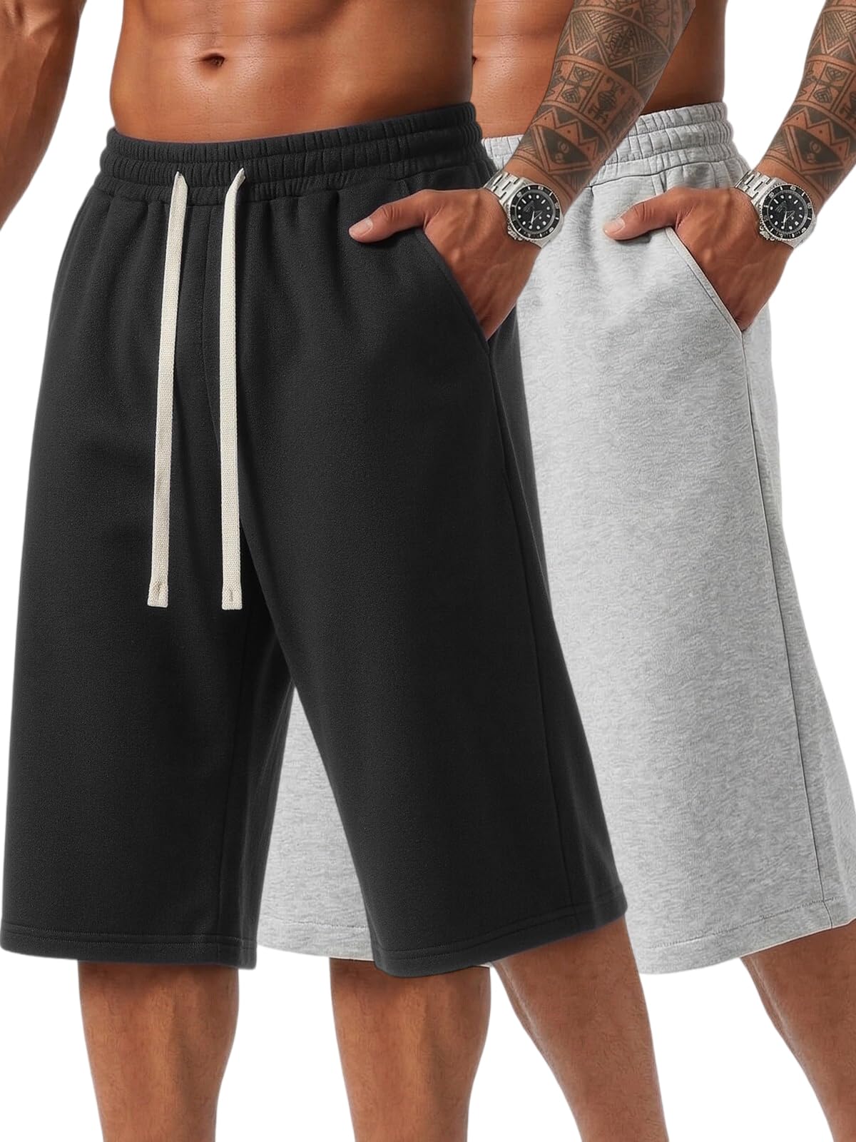 ZUY Men's Baggy Sweat Shorts Cotton Long Below Knee Fleece Capri Shorts 11" Athletic Casual 3/4 Pants with Pockets