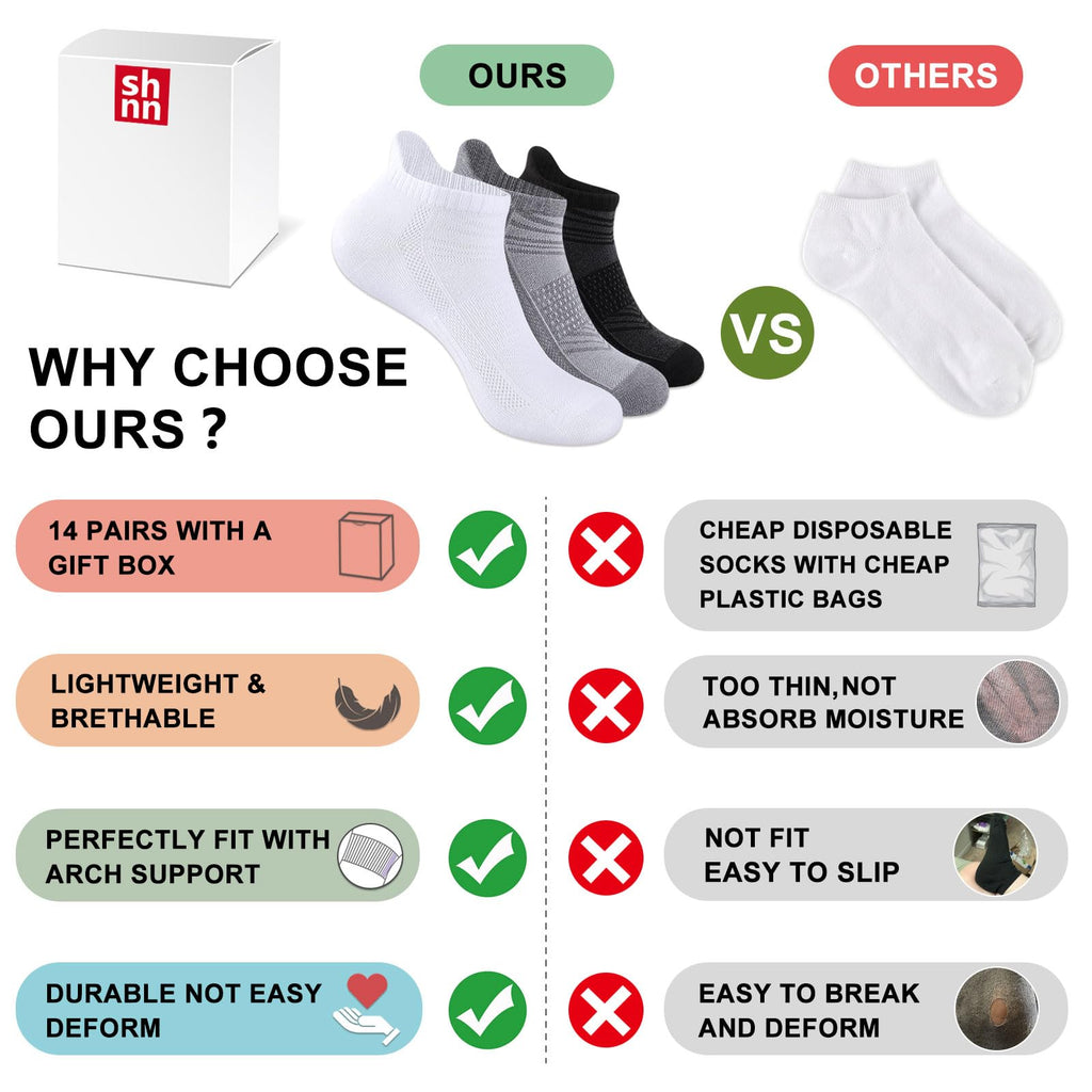 shnn 14 Pairs Mens/Womens Ankle Socks Breathable Casual Low Cut Short Socks for Men/Women with Heel Tab