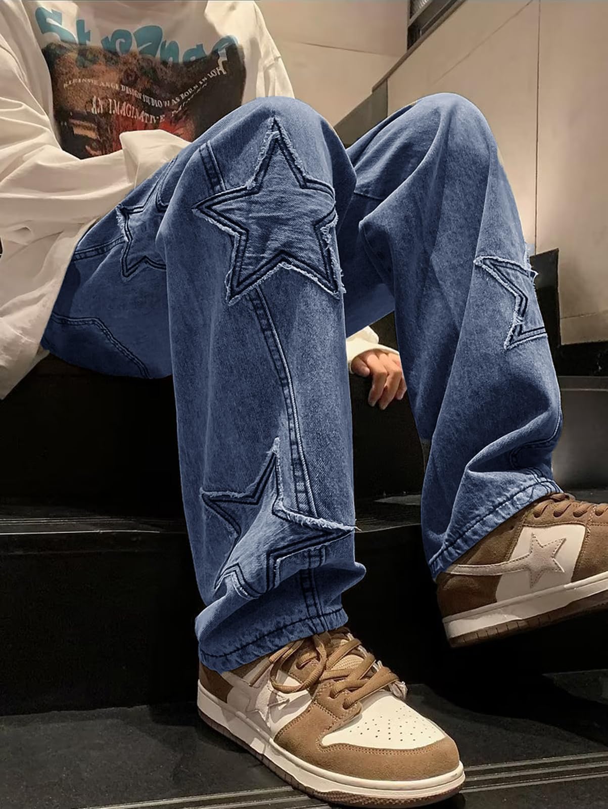 HBER Mens Y2k Star Jeans High Waisted Hip Hop Streetwear Jeans
