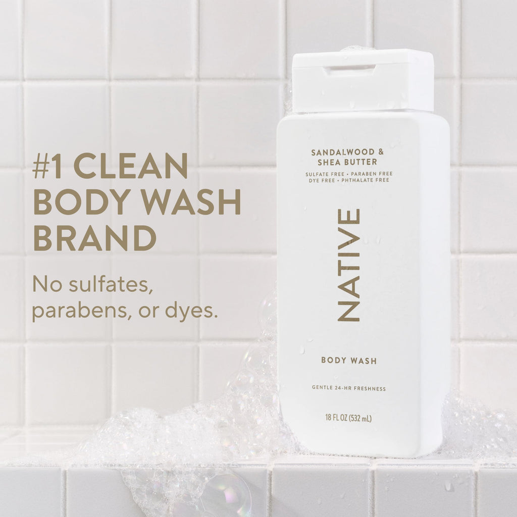 Native Clean Body Wash, Gentle & pH-balanced for Sensitive Skin, 24-Hr Freshness for Men & Women, Vegan & Cruelty-Free, Free of Sulfates, Parabens & Phthalates, Sea Salt & Cedar, 18 fl oz