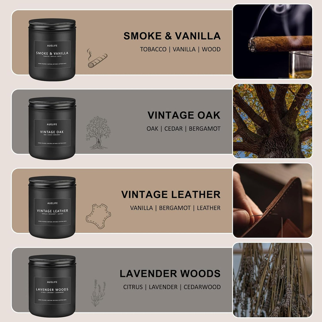 Auelife Candles for Men Gift Set, 4 Pack Soy Wax, Masculine