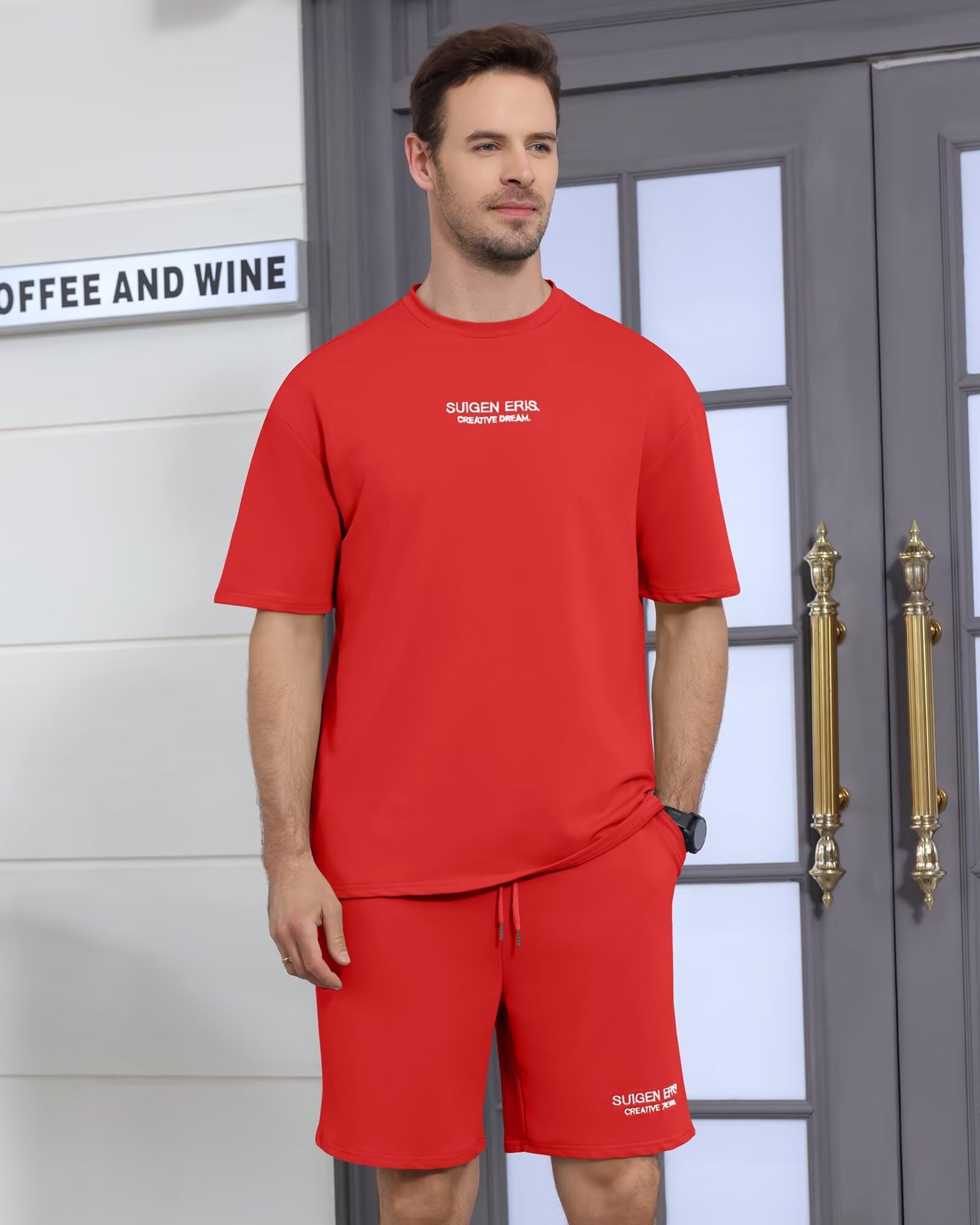 Men's 2 Piece Outfits Letter Drop Shoulder Tee Shirt Shorts Set