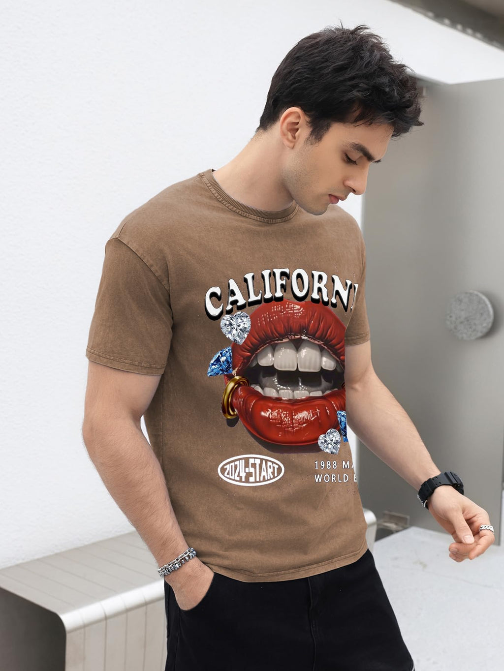 WDIRARA Men's Lip Graphic Tee Shirt Vintage Hip Hop Y2k Streetwear Top