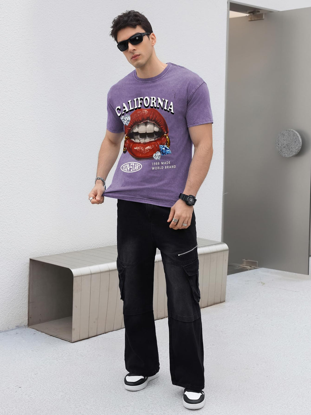 WDIRARA Men's Lip Graphic Tee Shirt Vintage Hip Hop Y2k Streetwear Top