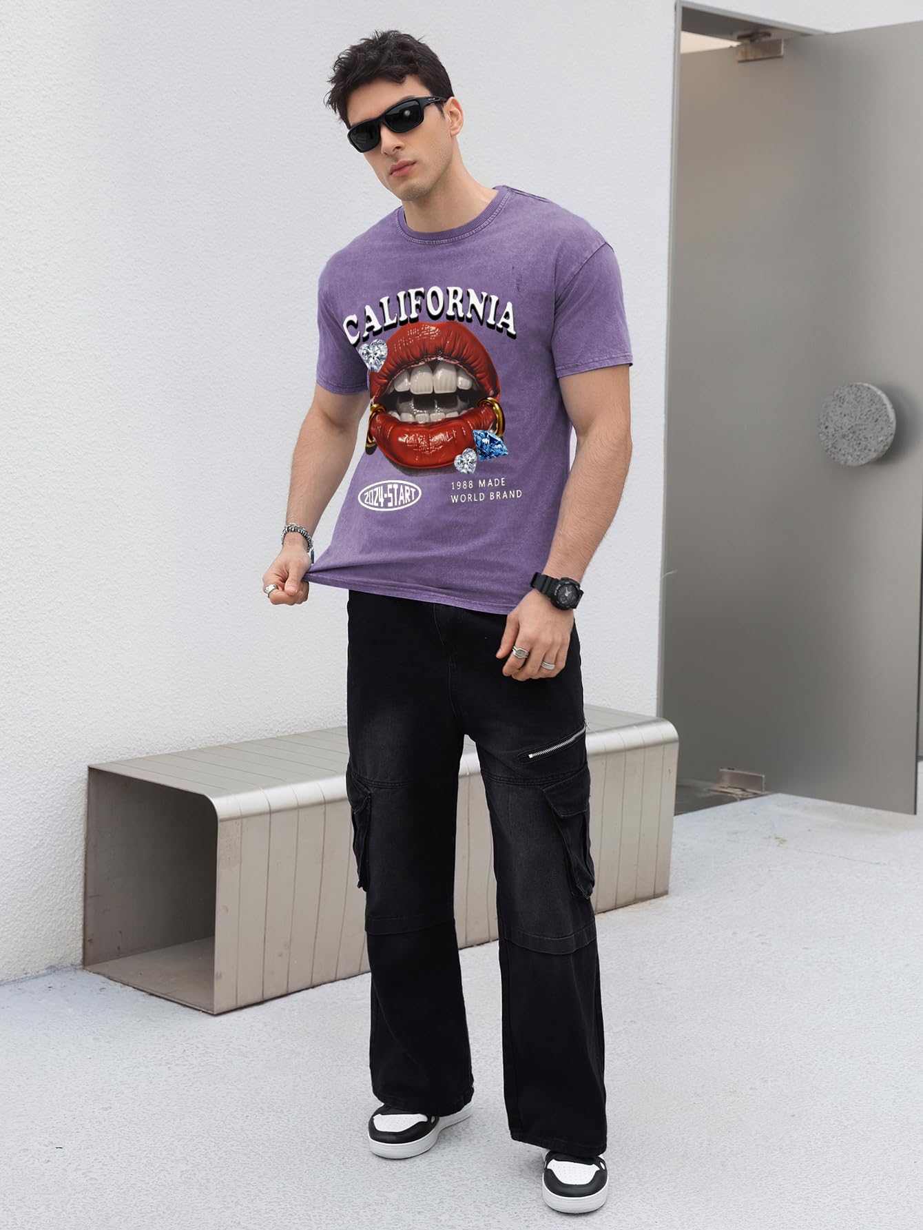 WDIRARA Men's Lip Graphic Tee Shirt Vintage Hip Hop Y2k Streetwear Top