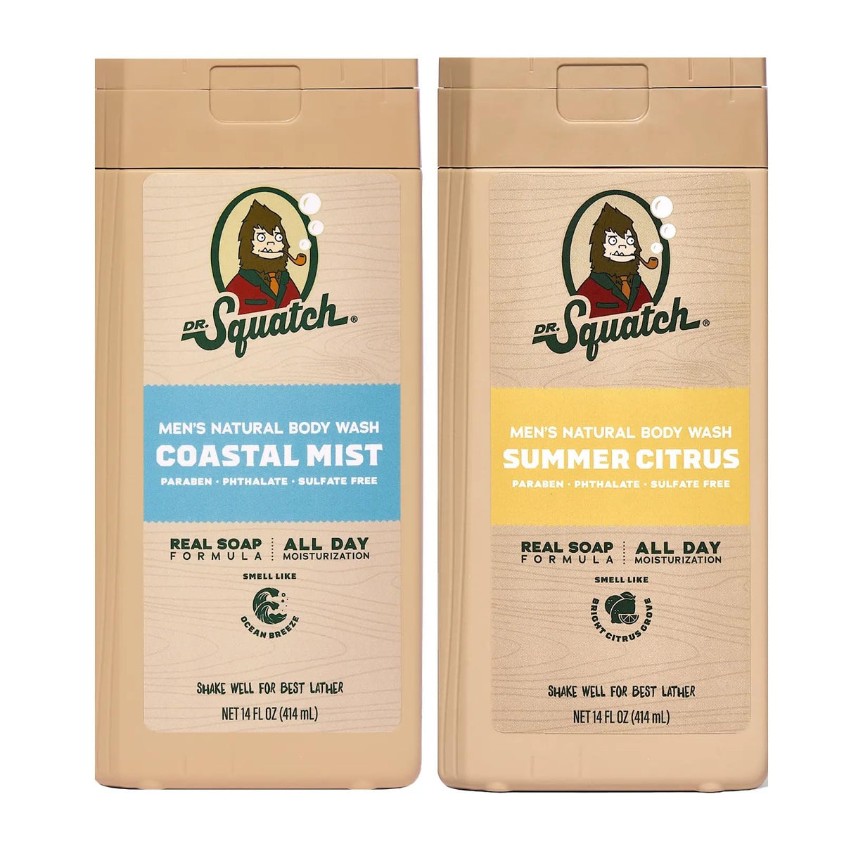 Dr. Squatch Natural Men's Body Wash Shower Gel - Cleansing, Nourishing, Long Lasting Scent, Moisturizing Body Wash for Men - Birchwood Breeze + Rainforest Rapids (14 oz, 2-Pack)