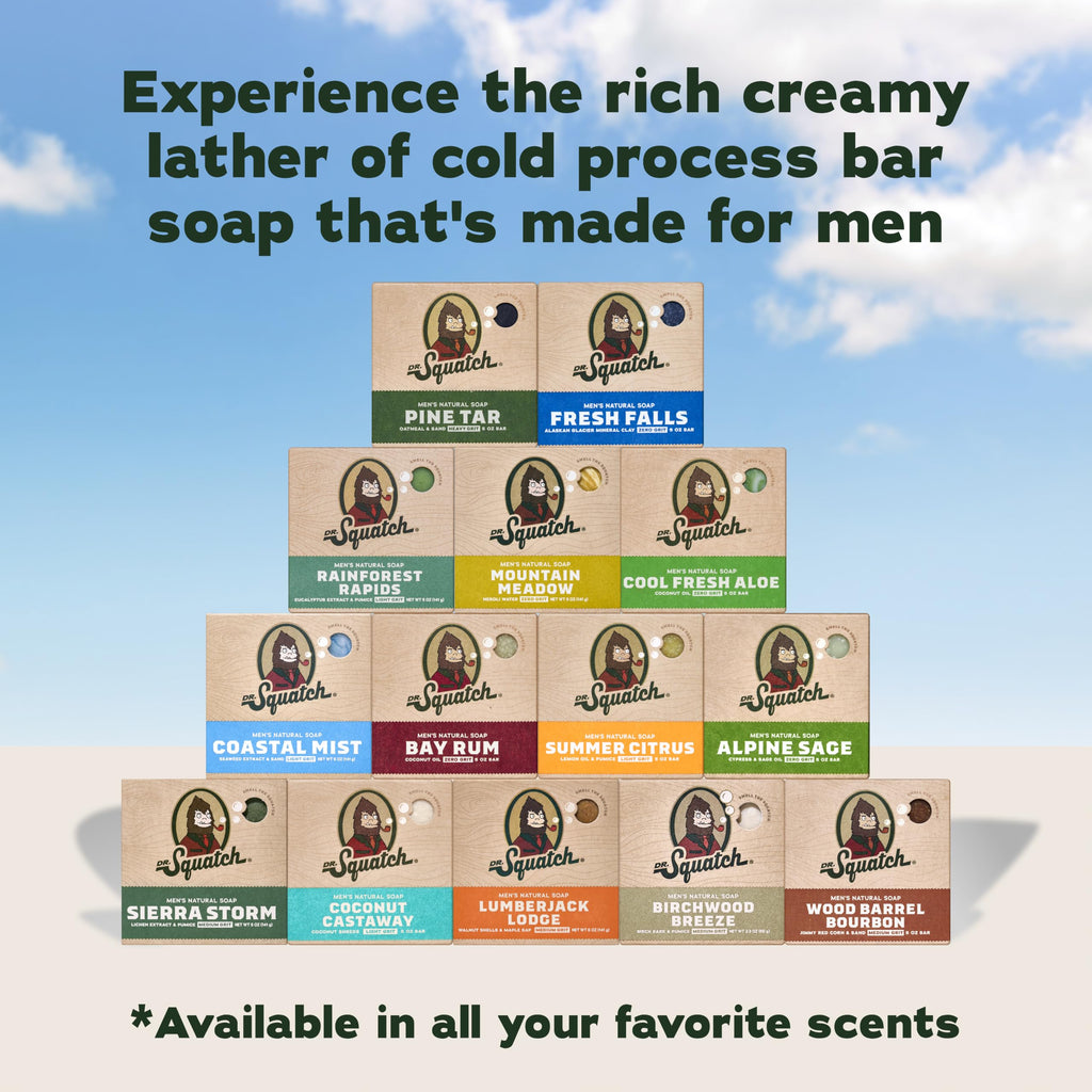 Dr. Squatch Natural Men’s Bar Soap - Cold Process Body Soap Bar with Natural Oils - Gifts for Men - Birchwood Breeze, Coconut Castway, Summer Citrus, Pine Tar & more (5 oz, 10-Pack)
