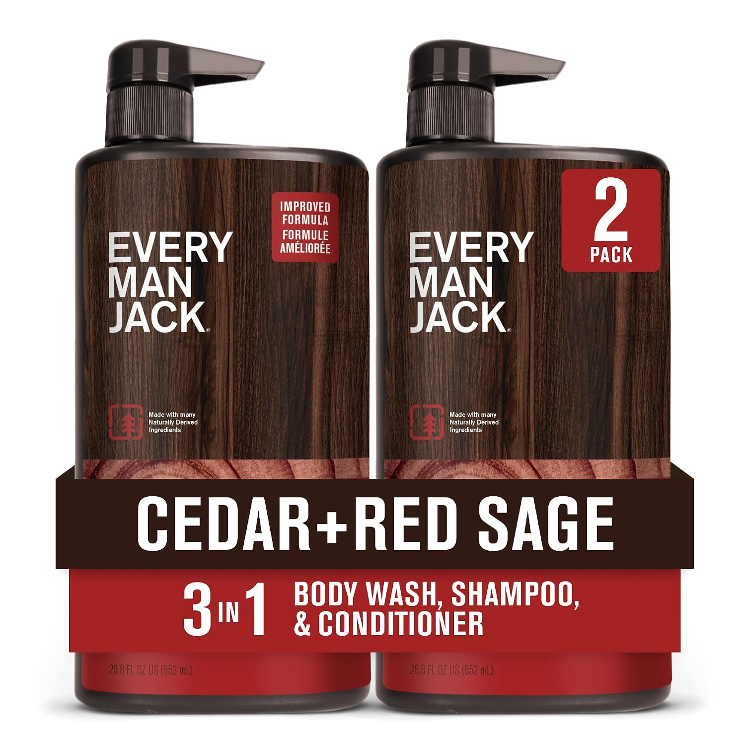 Every Man Jack 3-in-1 All Over Body Wash for Men, Cedar Red Sage, 2pk
