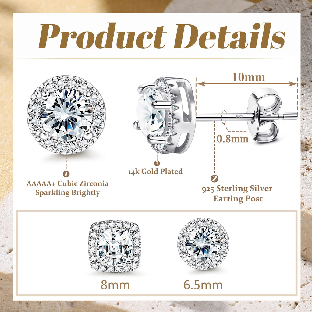 18K Gold Plated Halo Stud Earrings 925 Sterling Silver Cubic Zirconia Stud Earrings Round Square Diamonique Stud Earrings Set for Women Men