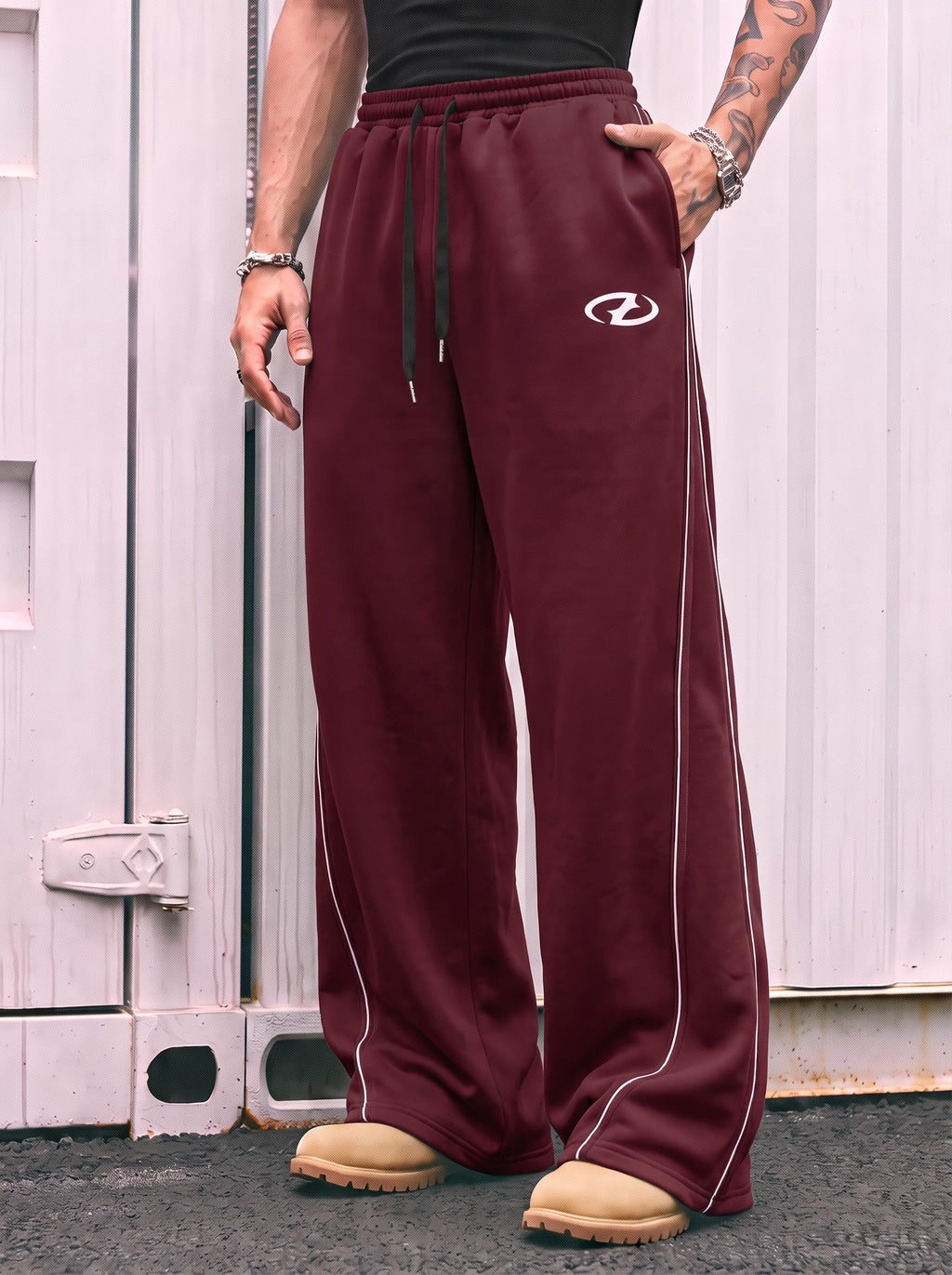 QJQ Men's Baggy Track Pants Casual Wide Leg Striped Side Sweatpants Drawstring Elastic Waist Y2k Streetwear