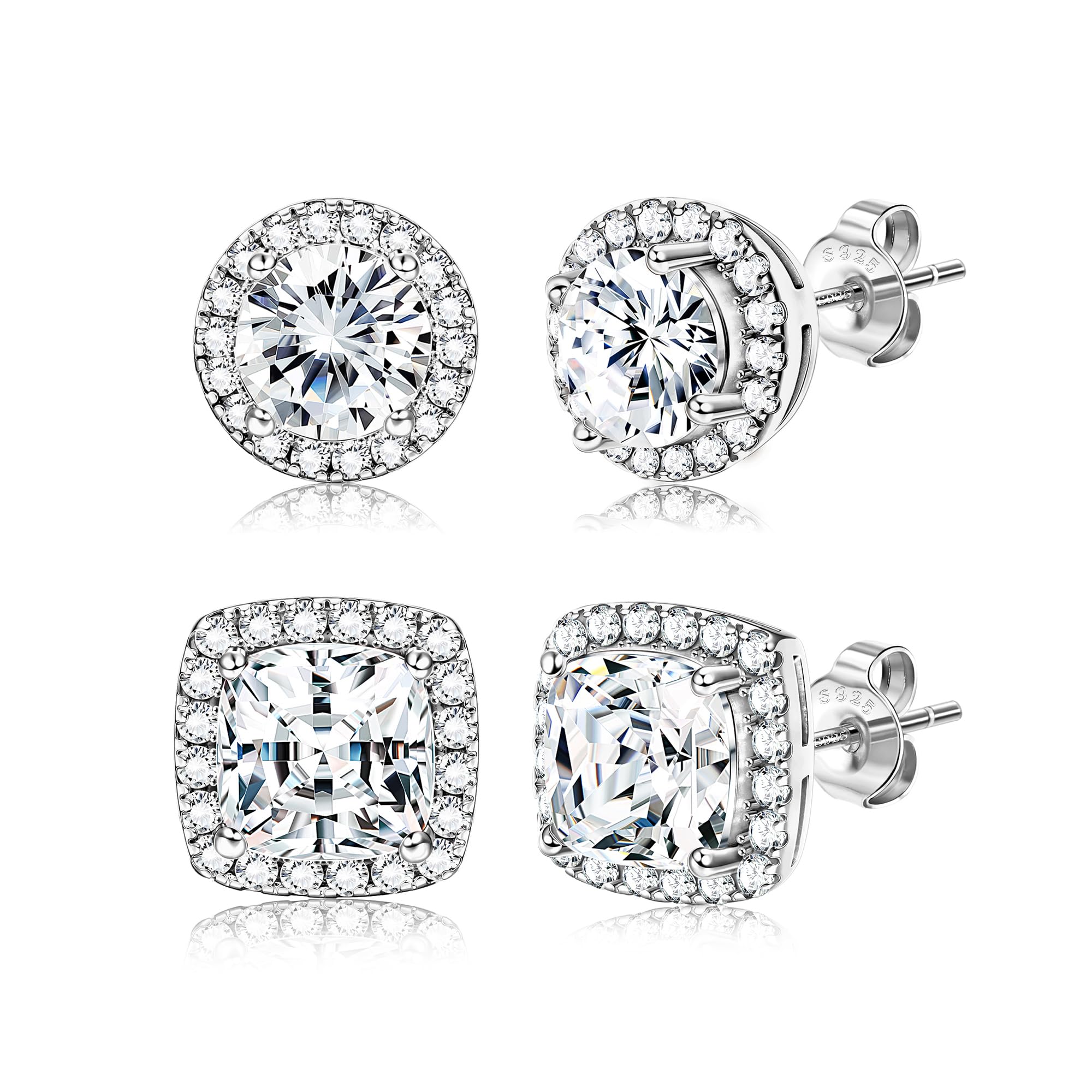 18K Gold Plated Halo Stud Earrings 925 Sterling Silver Cubic Zirconia Stud Earrings Round Square Diamonique Stud Earrings Set for Women Men