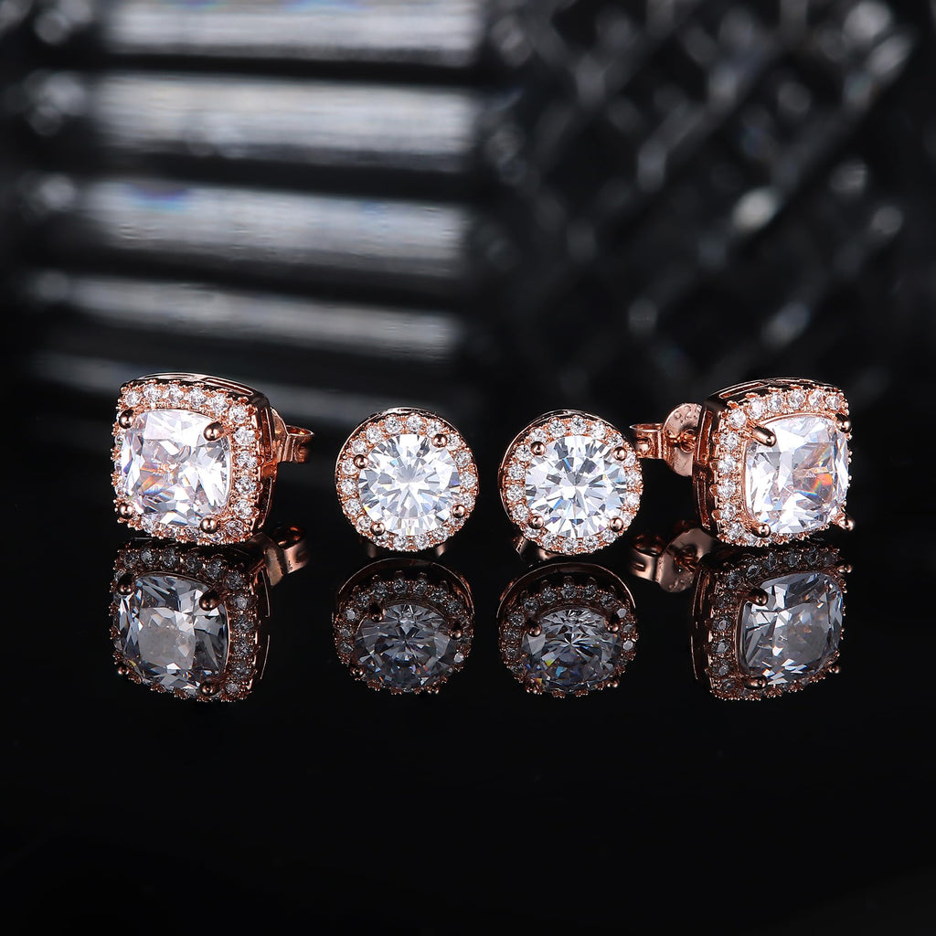 18K Gold Plated Halo Stud Earrings 925 Sterling Silver Cubic Zirconia Stud Earrings Round Square Diamonique Stud Earrings Set for Women Men