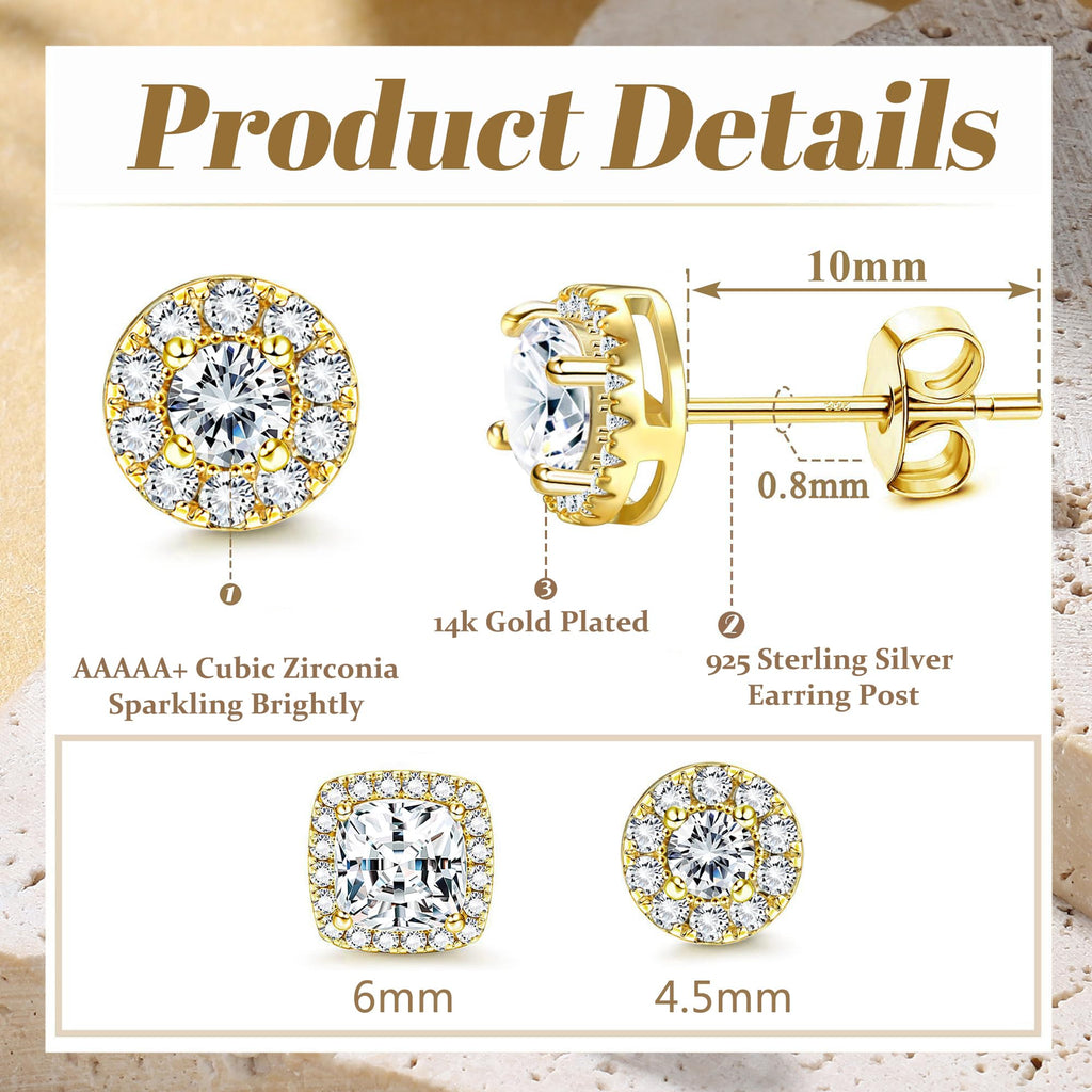18K Gold Plated Halo Stud Earrings 925 Sterling Silver Cubic Zirconia Stud Earrings Round Square Diamonique Stud Earrings Set for Women Men