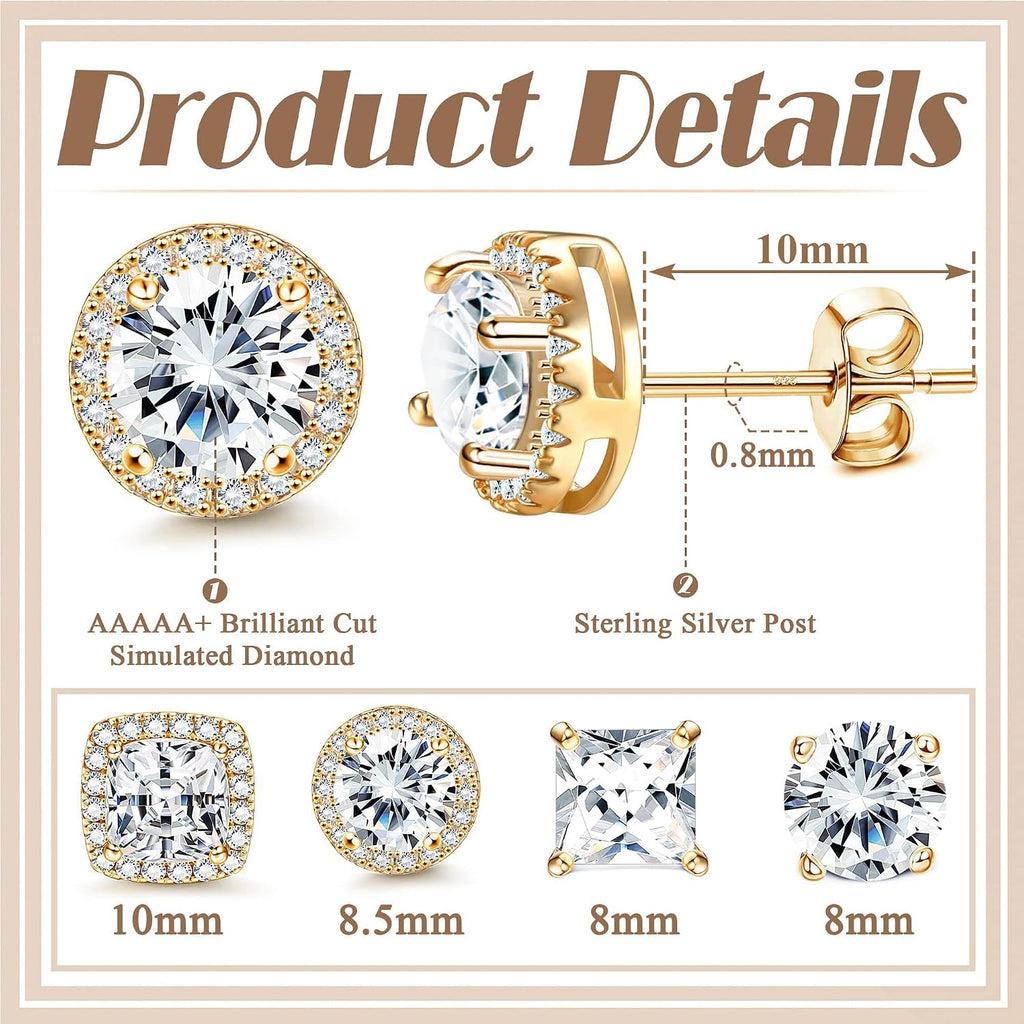 MILACOLATO S925 Sterling Silver Stud Earrings for Women Men Hypoallergenic 18K Gold Plated Cubic Zirconia Earrings Studs Brilliant Simulated Diamond Halo Earring for Sensitive Ears