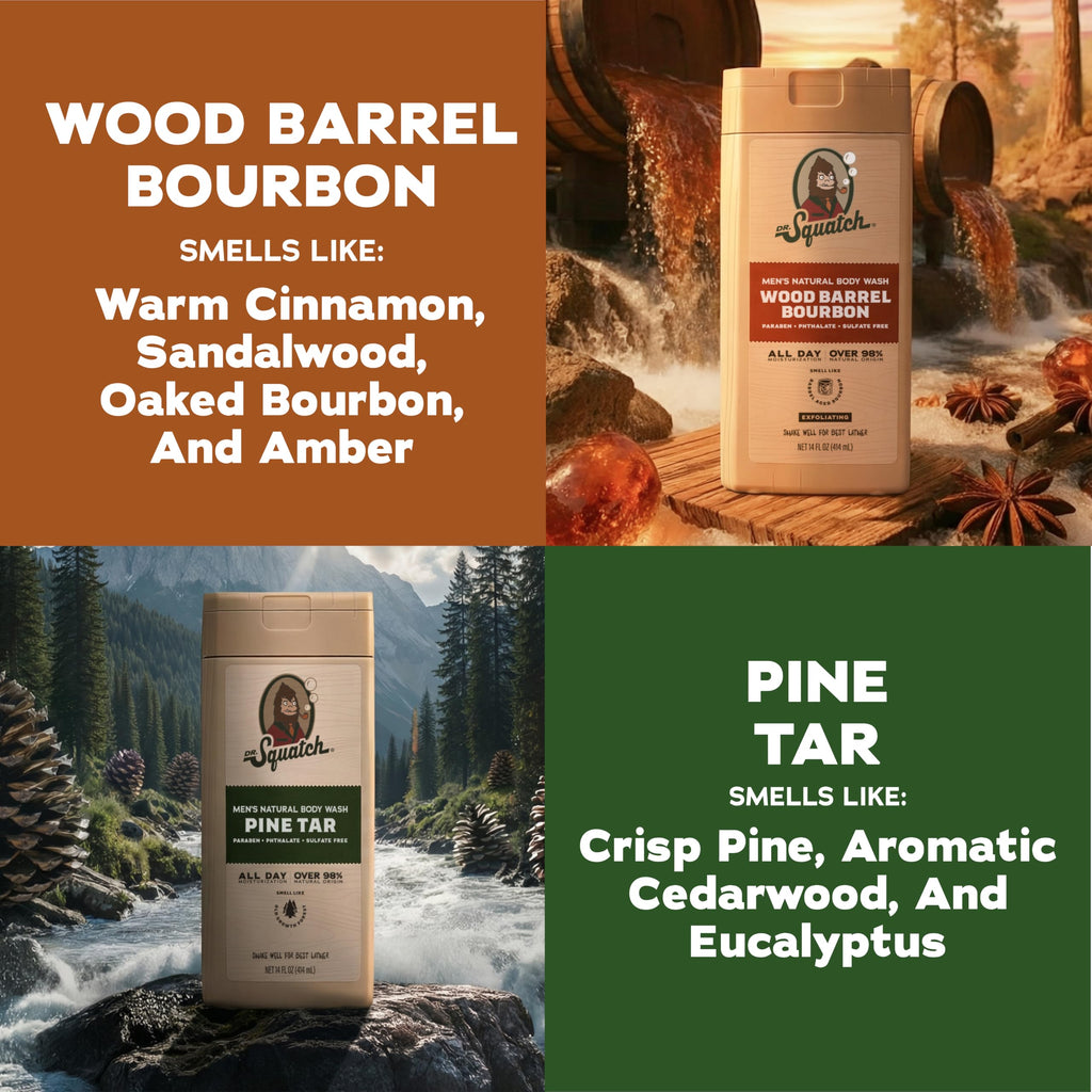 Dr. Squatch Natural Men's Body Wash Shower Gel - Cleansing, Nourishing, Long Lasting Scent, Moisturizing Body Wash for Men - Birchwood Breeze + Rainforest Rapids (14 oz, 2-Pack)