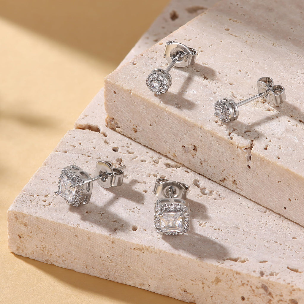 18K Gold Plated Halo Stud Earrings 925 Sterling Silver Cubic Zirconia Stud Earrings Round Square Diamonique Stud Earrings Set for Women Men