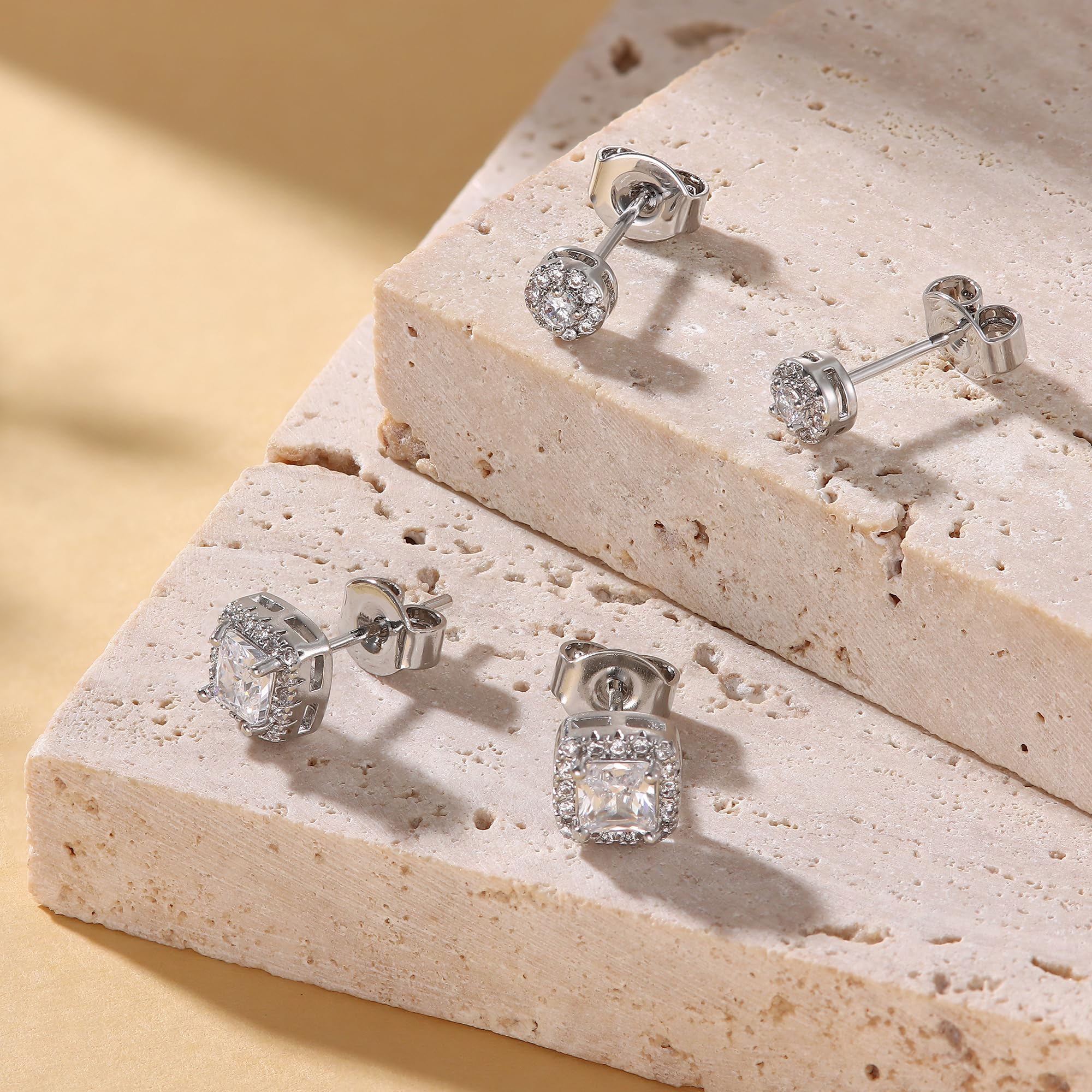18K Gold Plated Halo Stud Earrings 925 Sterling Silver Cubic Zirconia Stud Earrings Round Square Diamonique Stud Earrings Set for Women Men