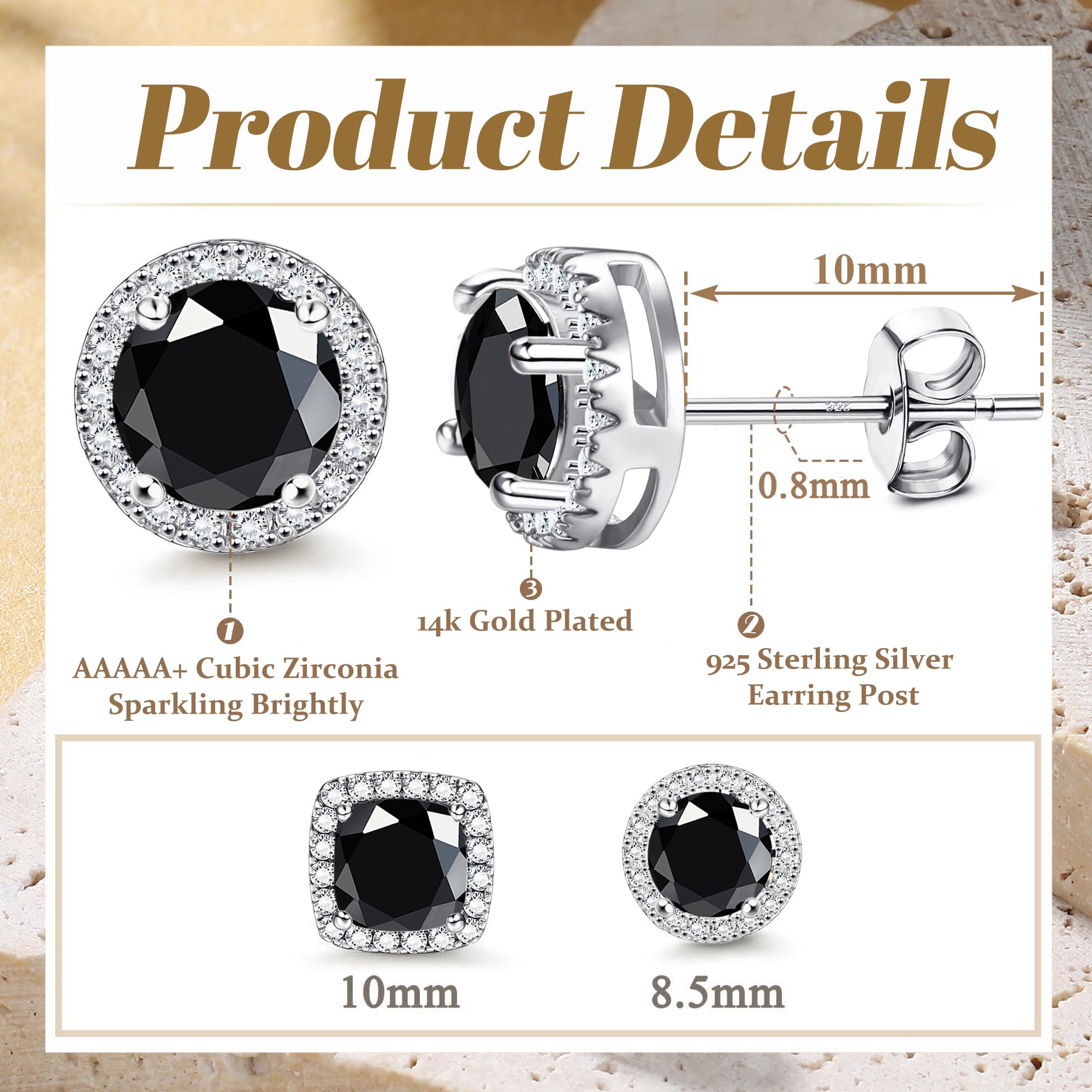18K Gold Plated Halo Stud Earrings 925 Sterling Silver Cubic Zirconia Stud Earrings Round Square Diamonique Stud Earrings Set for Women Men