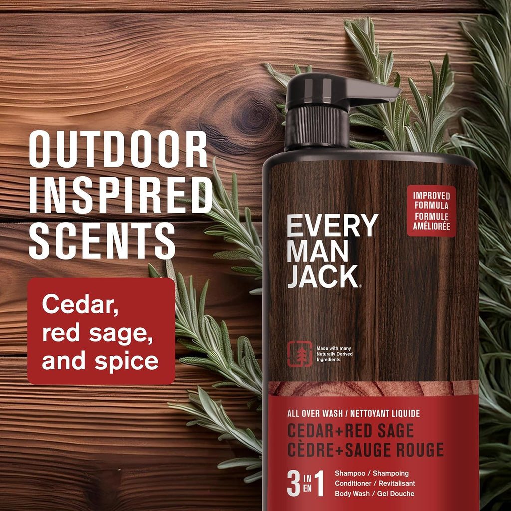 Every Man Jack 3-in-1 All Over Body Wash for Men, Cedar Red Sage, 2pk