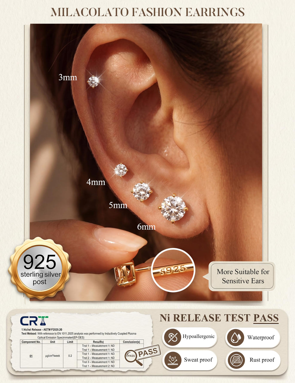 MILACOLATO S925 Sterling Silver Stud Earrings for Women Men Hypoallergenic 18K Gold Plated Cubic Zirconia Earrings Studs Brilliant Simulated Diamond Halo Earring for Sensitive Ears