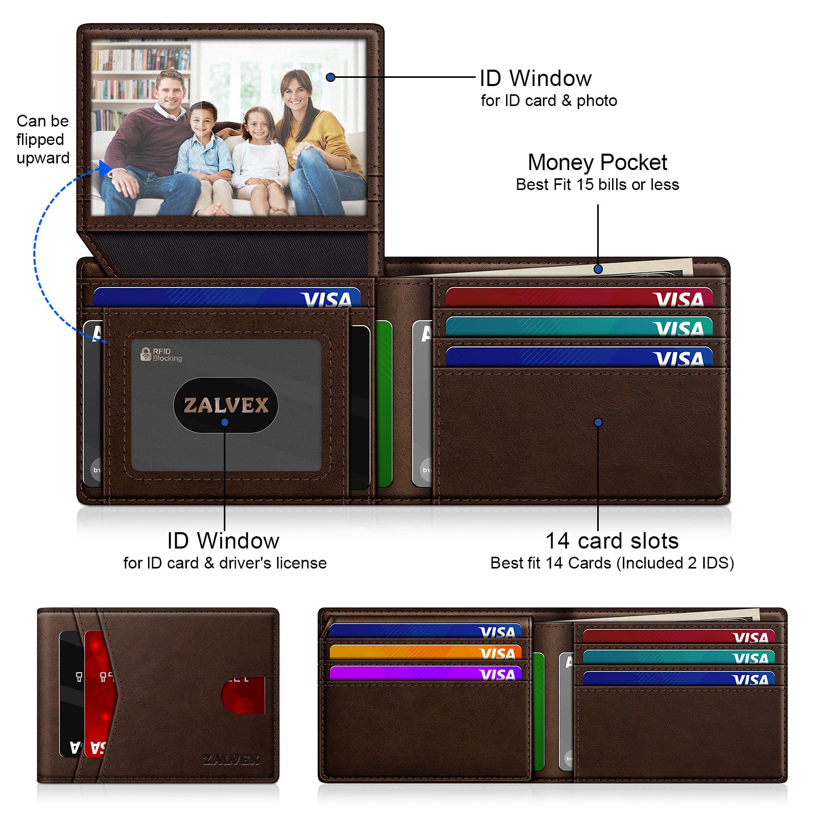 ZALVEX Wallet for Men Slim RFID Blocking Leather Credit Card Holder Wallet